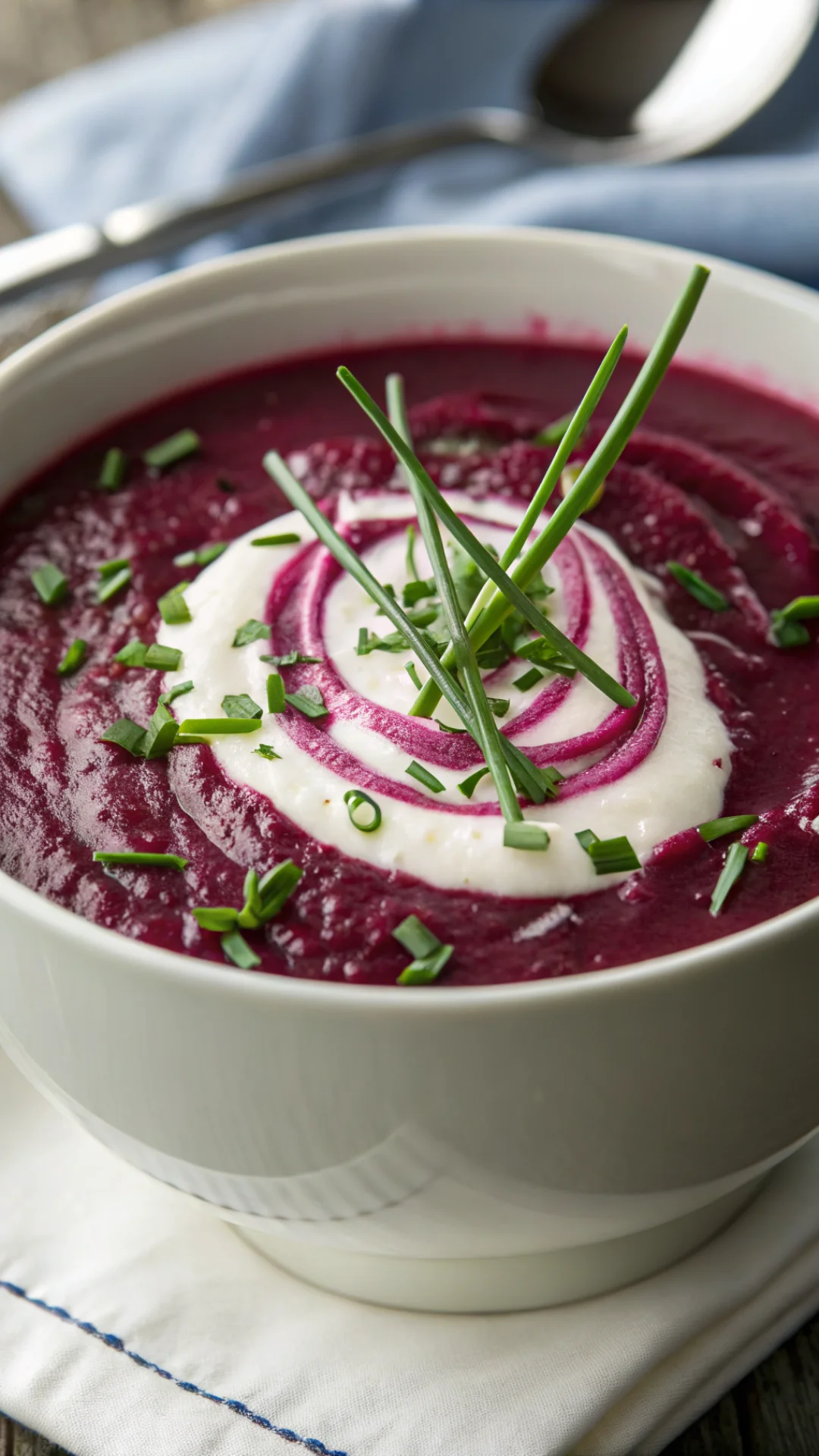 Close-up portrait of a chilled deep purple beetroot cold soup in a white bowl with a swirl of Greek yogurt and fresh chives o