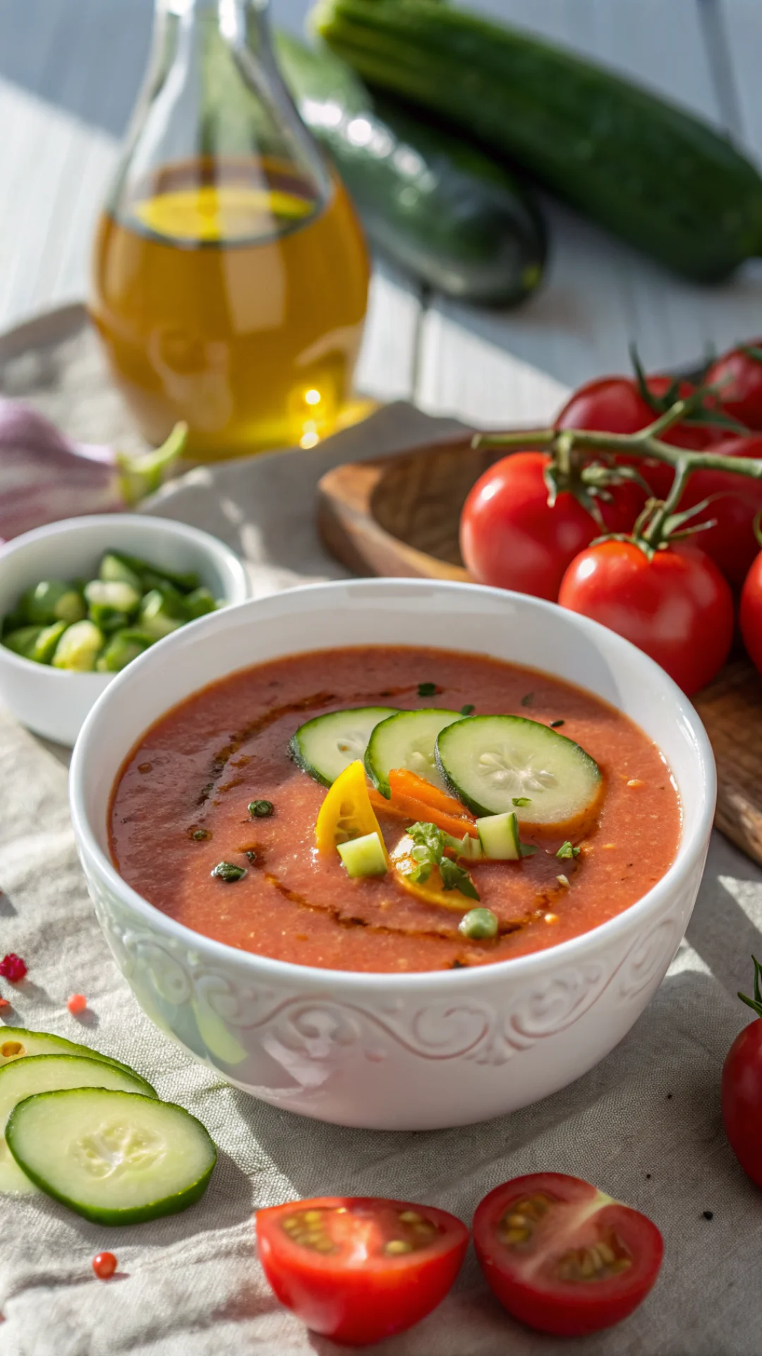 Close-up portrait of a chilled red gazpacho soup in a white bowl garnished with cucumber and olive oil drizzle, fresh summer