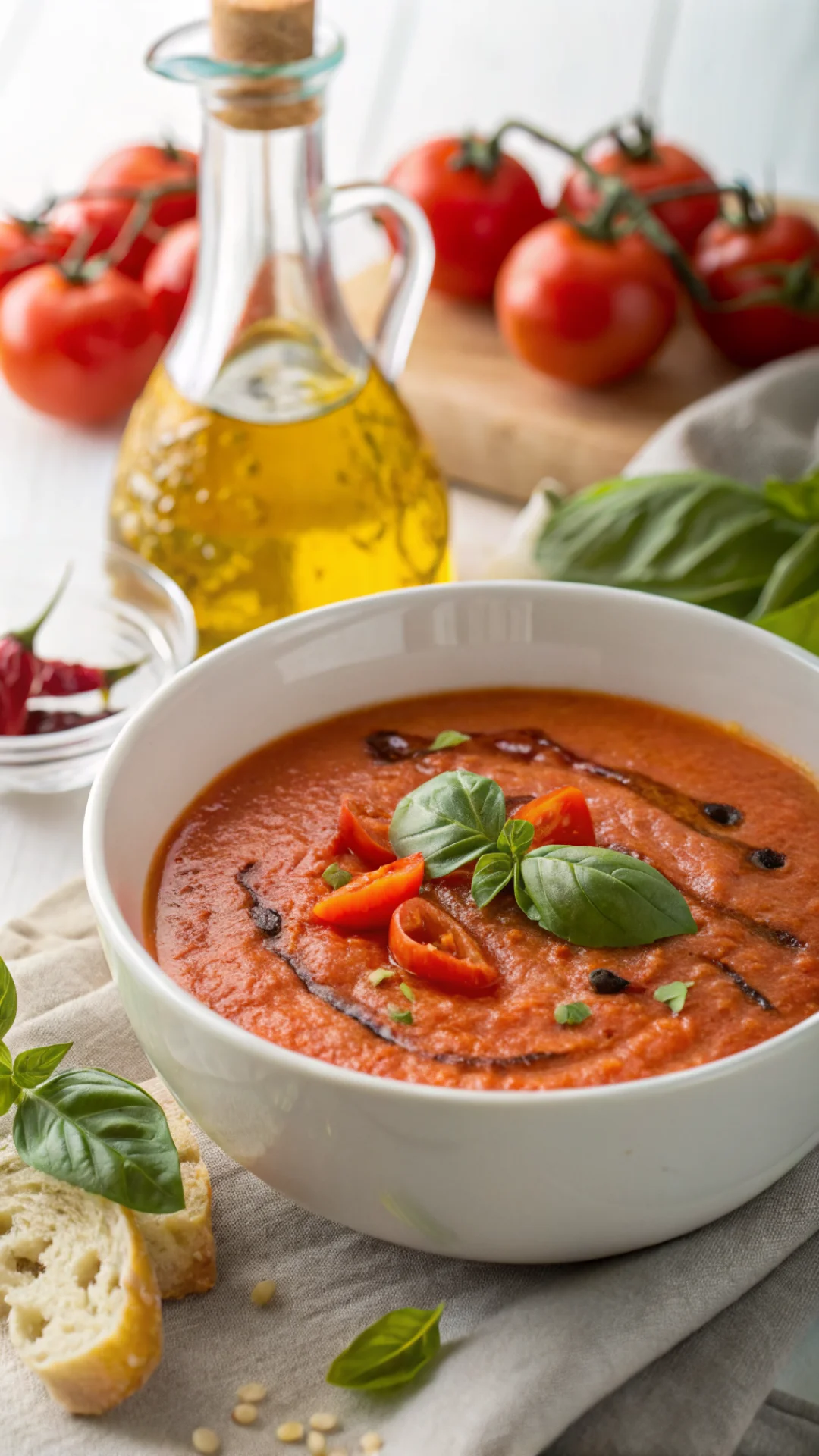 Close-up portrait of a chilled roasted red pepper gazpacho in a white bowl garnished with fresh basil and olive oil drizzle,