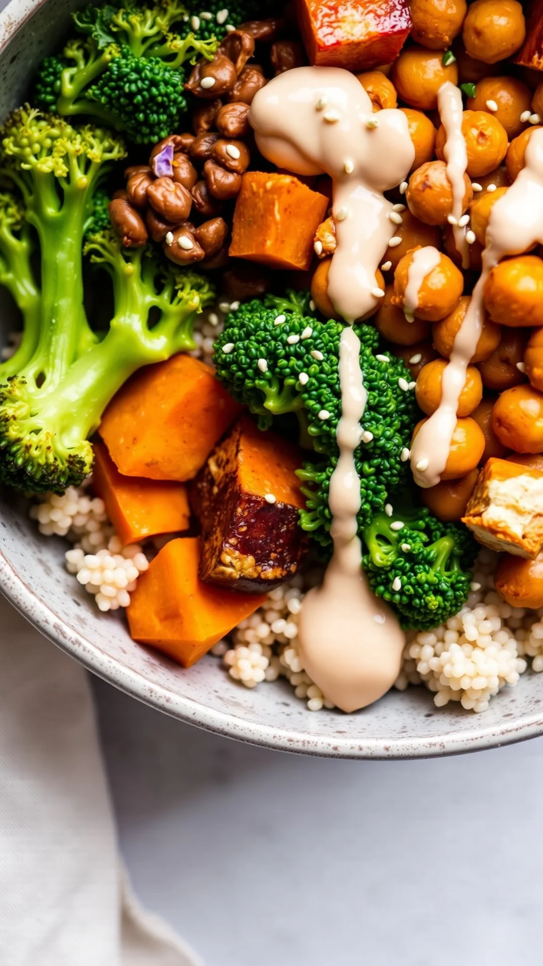 Close-up portrait of a colorful buddha bowl with fluffy quinoa, roasted sweet potato cubes, crispy chickpeas, green broccoli,