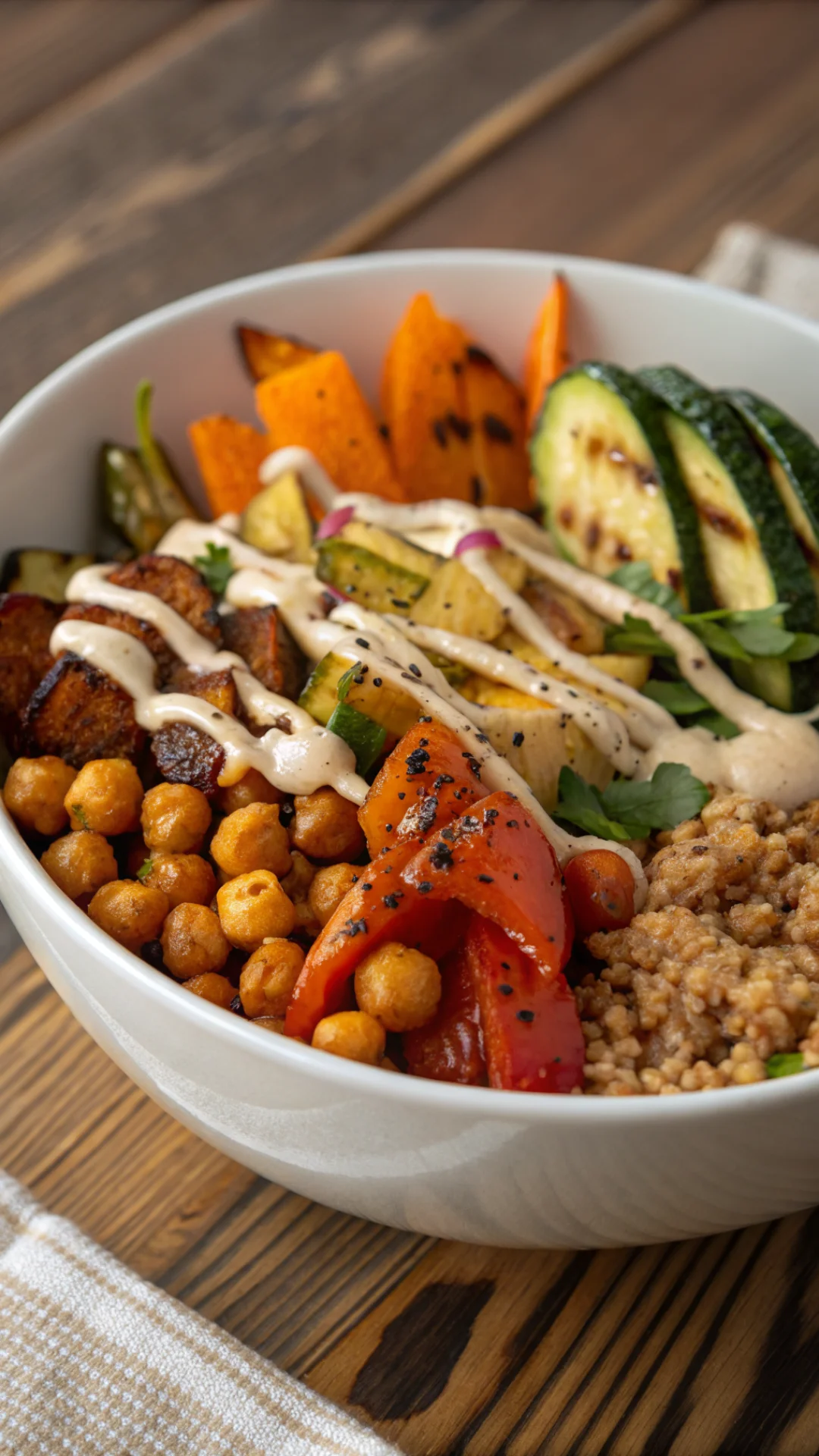 Close-up portrait of a colorful quinoa bowl with grilled vegetables, roasted chickpeas and creamy tahini sauce drizzled on to