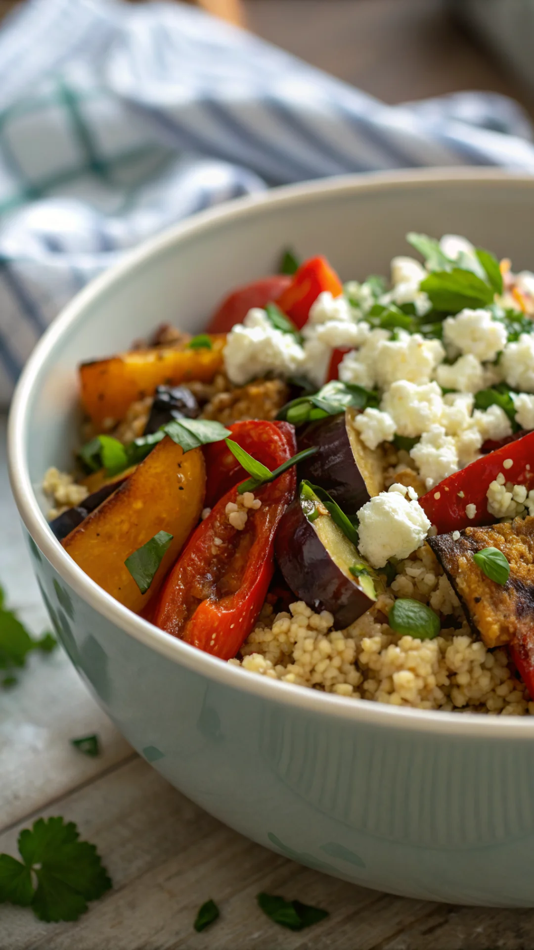 Close-up portrait of a colorful quinoa bowl with roasted vegetables and crumbled feta cheese, fresh herbs on top, natural lig