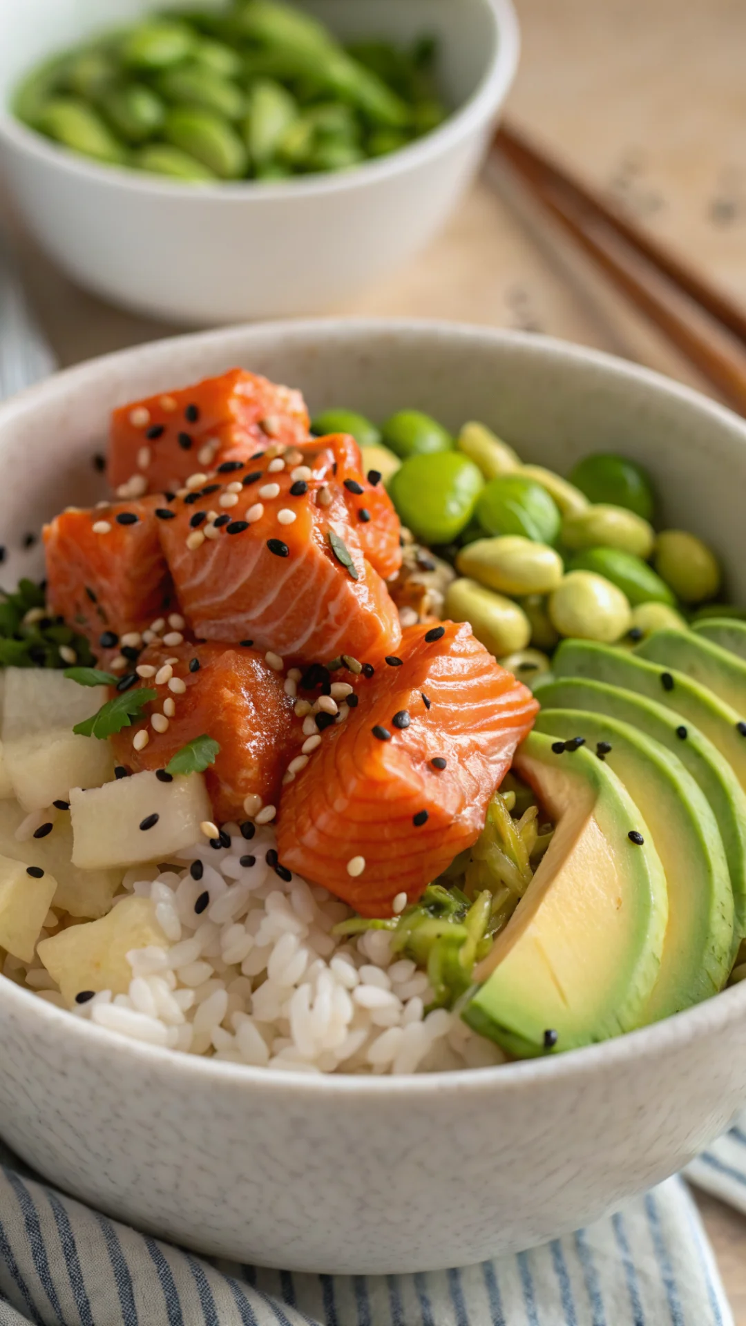 Close-up portrait of a colorful teriyaki salmon rice bowl with edamame, sliced avocado and sesame seeds on a white ceramic bo