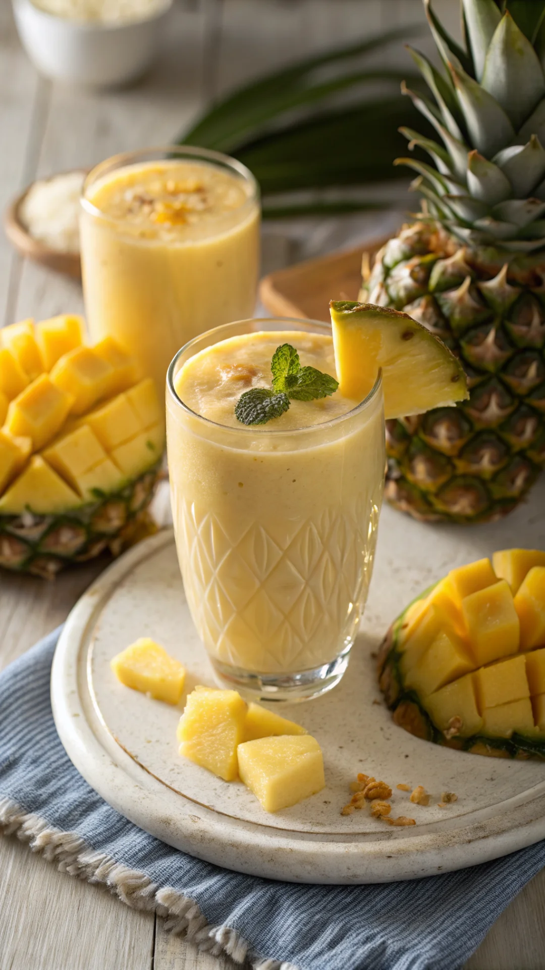 Close-up portrait of a creamy tropical mango pineapple ginger smoothie in a glass with coconut milk, pineapple slice garnish,