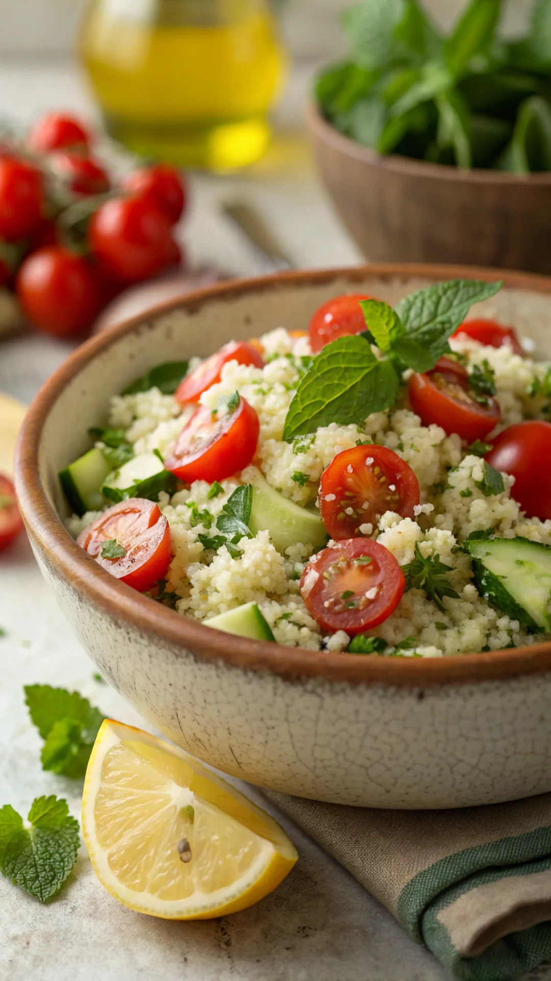 Close-up portrait of a fresh cauliflower tabbouleh with cherry tomatoes, cucumber, parsley and mint in a rustic bowl, bright