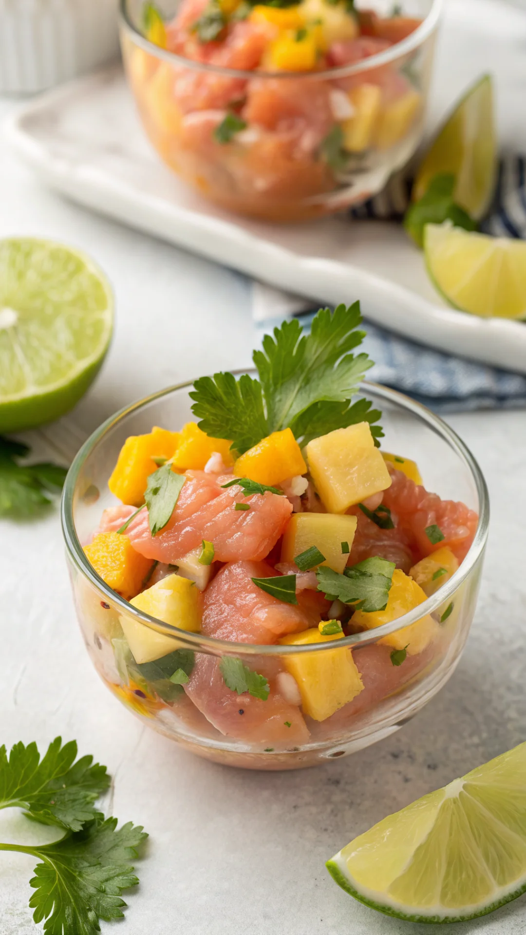 Close-up portrait of a fresh salmon ceviche with mango cubes, coriander leaves and lime slices in a small glass bowl, tropica