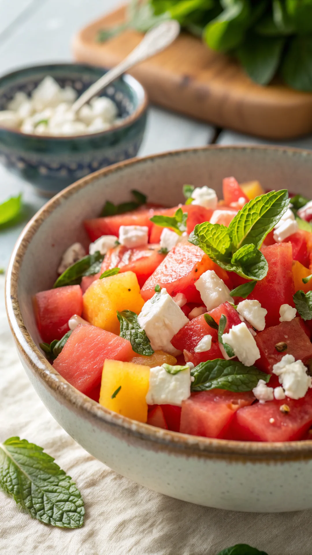 Close-up portrait of a fresh watermelon feta and mint salad in a rustic bowl, colorful summer ingredients, bright natural day