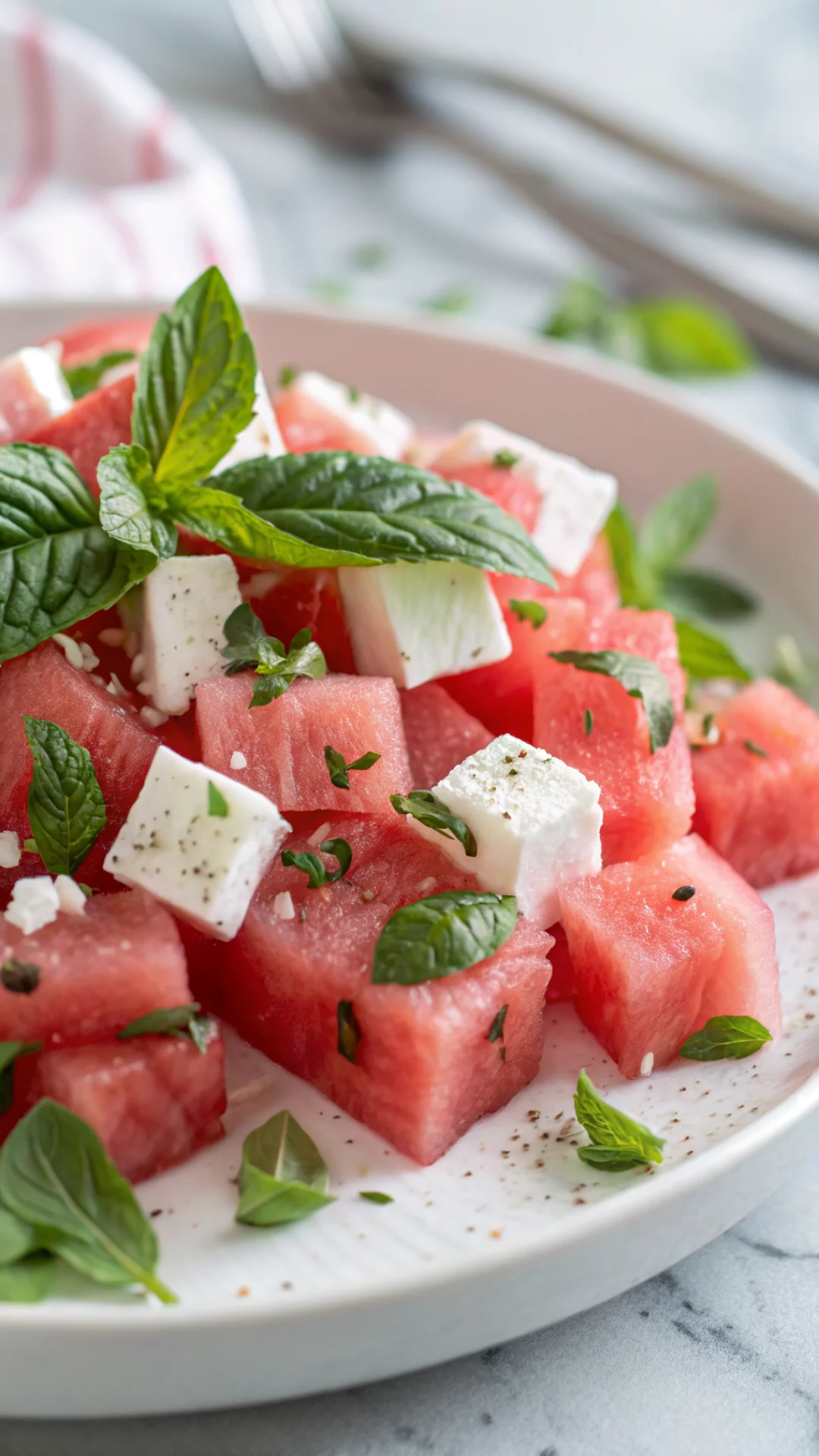 Close-up portrait of a fresh watermelon feta salad with vibrant pink and white colors, basil and mint leaves scattered, light