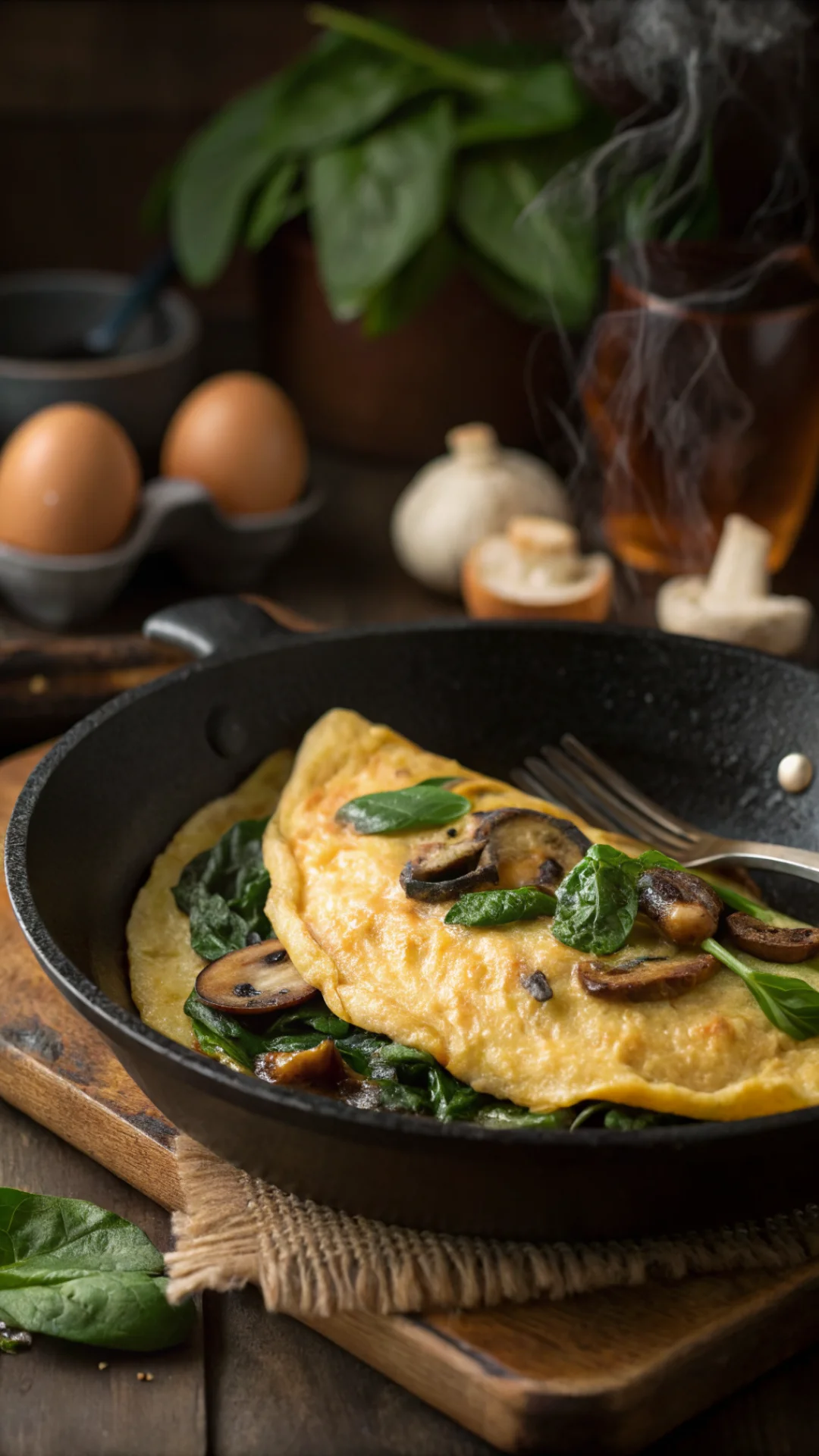 Close-up portrait of a golden fluffy omelette with fresh spinach and sautéed mushrooms in a cast iron pan, steam rising, rus