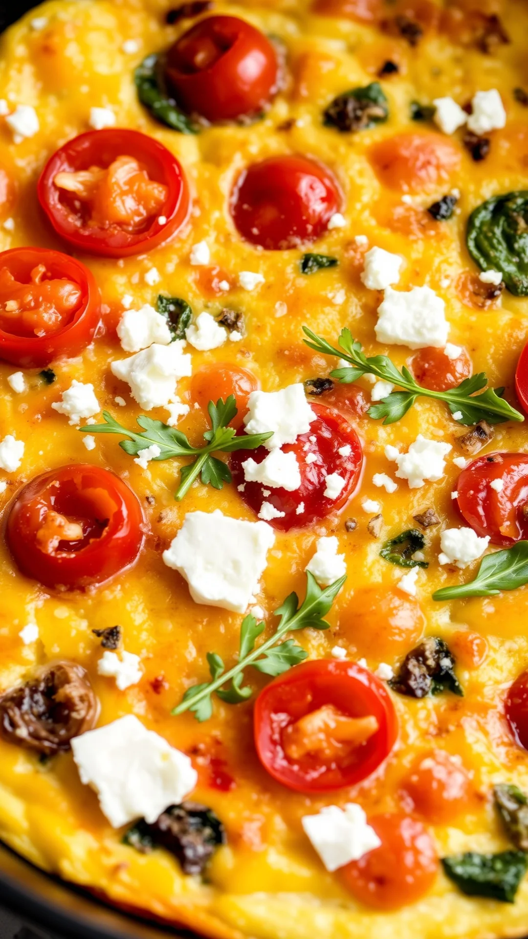 Close-up portrait of a golden Italian frittata with colorful Mediterranean vegetables, cherry tomatoes, crumbled feta cheese,
