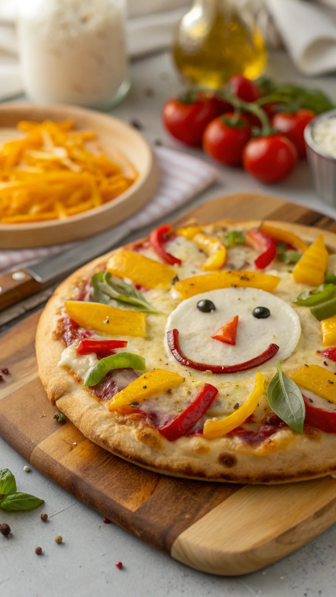Close-up portrait of a homemade sun-shaped pizza with colorful summer vegetables, melted mozzarella, golden crust, cheerful f