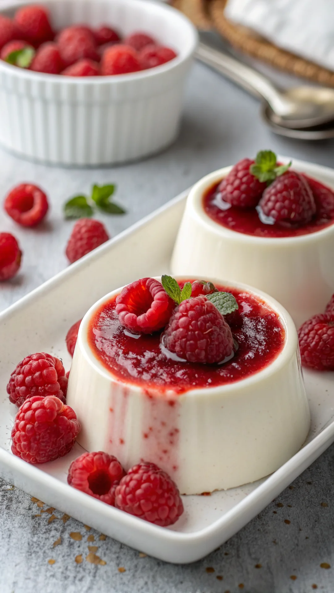 Close-up portrait of a light coconut panna cotta in a white ramekin topped with vibrant red berry coulis and fresh raspberrie