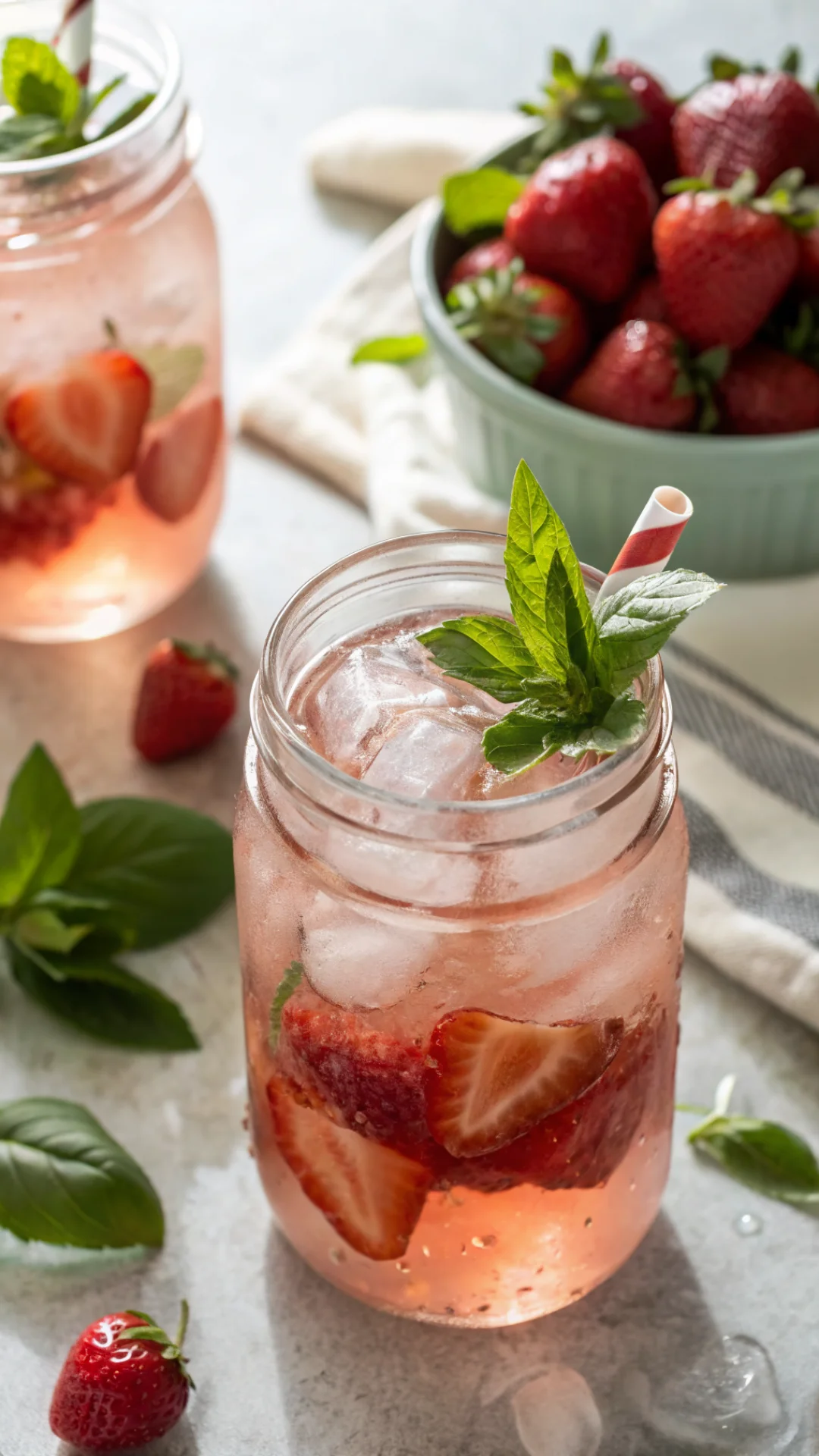 Close-up portrait of a pink strawberry basil sparkling lemonade in a mason jar with ice, fresh strawberries and basil leaves,