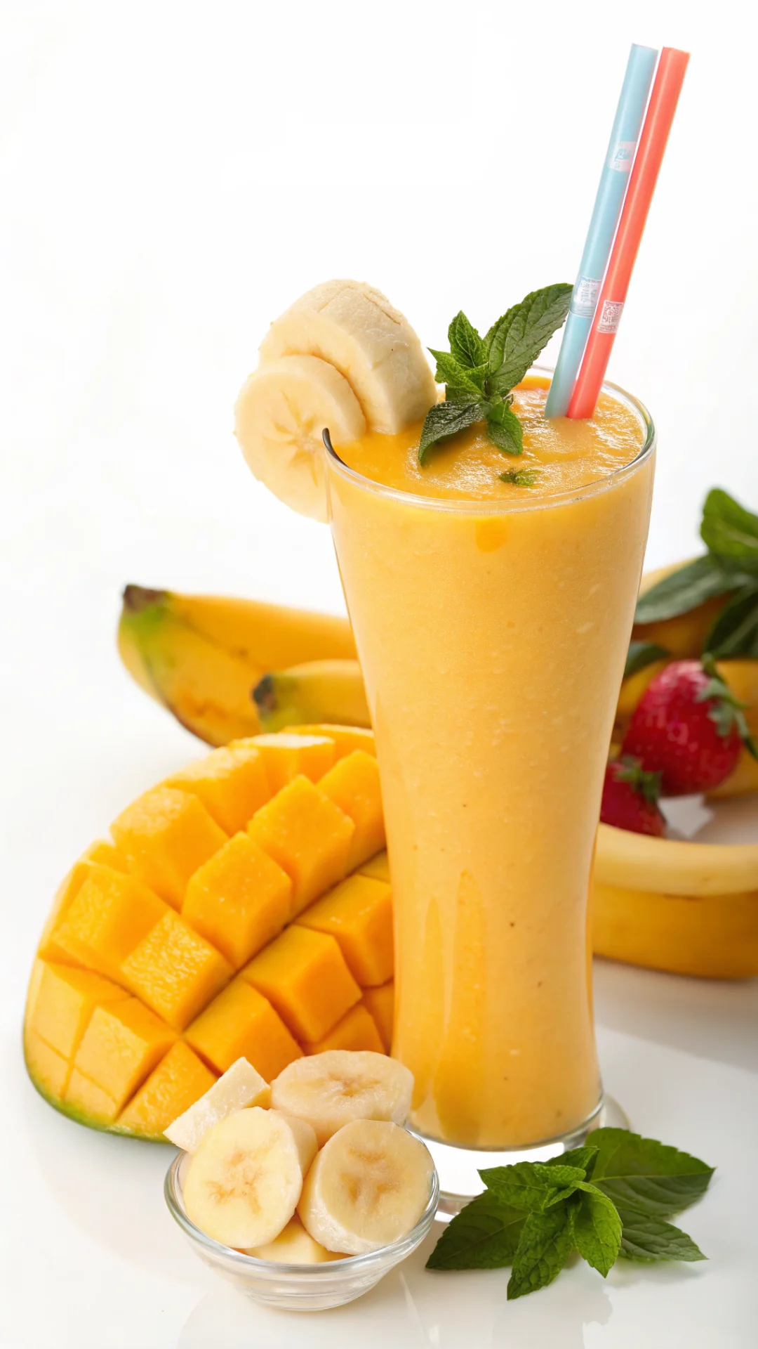 Close-up portrait of a tropical smoothie in a tall glass with mango and banana, bright orange color, fresh fruit garnish, col
