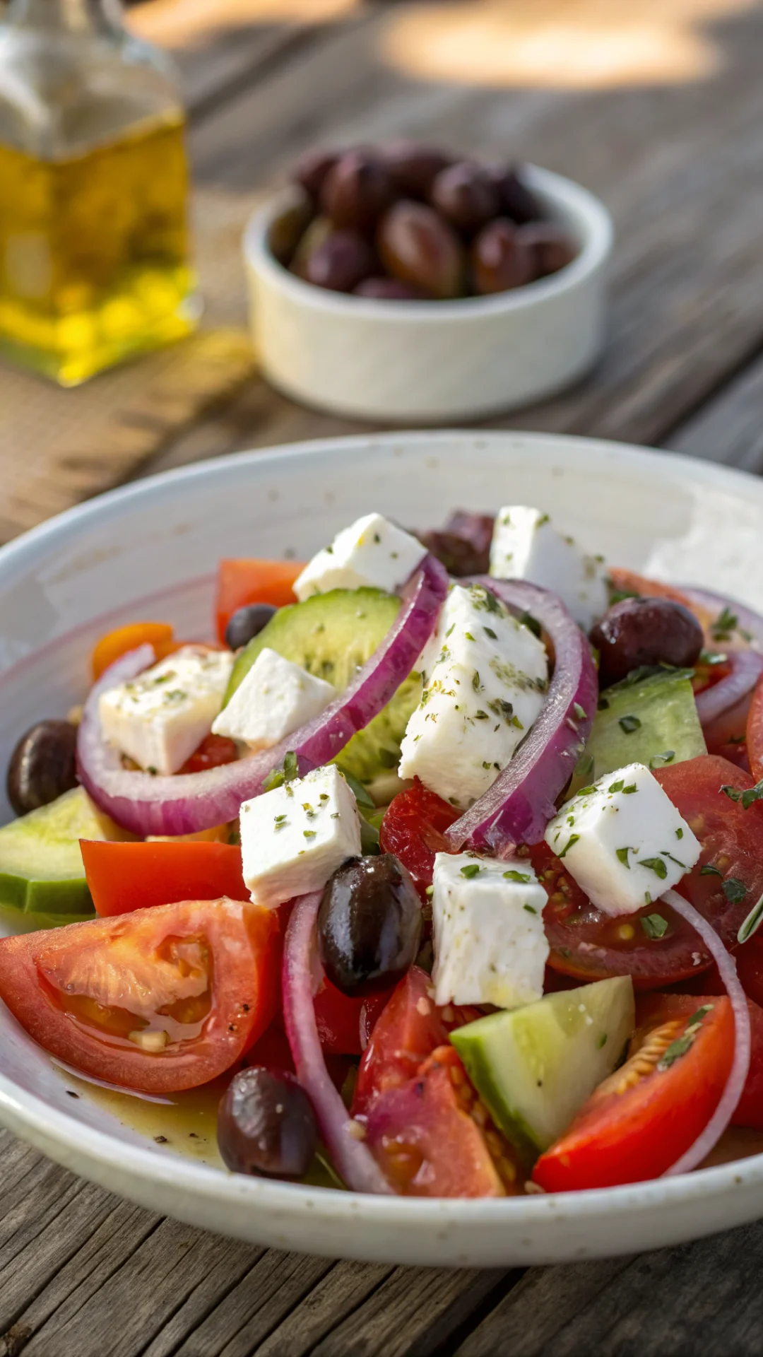 Close-up portrait of a vibrant Greek salad with heirloom tomatoes, chunky feta, kalamata olives and red onion drizzled with o