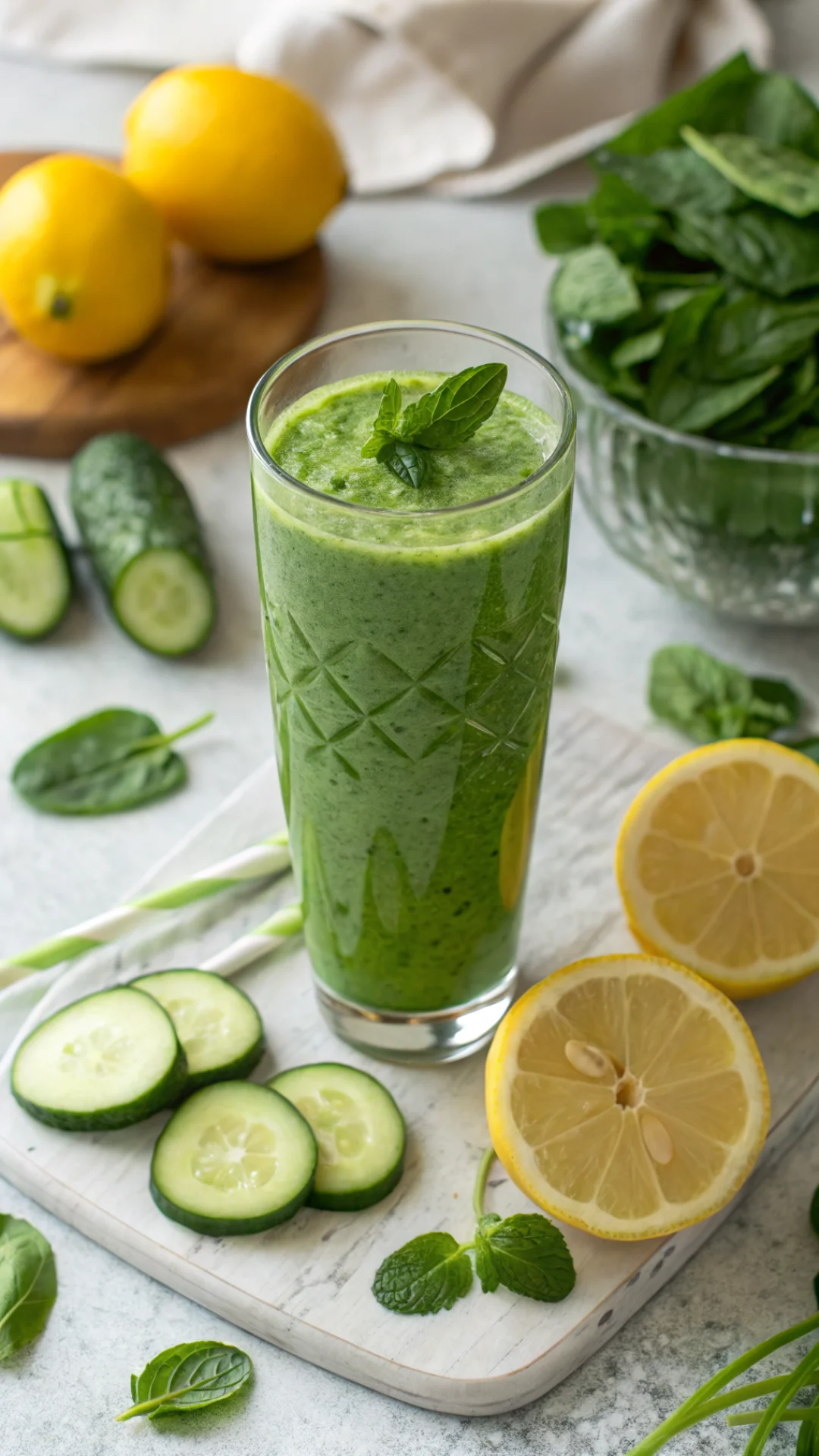 Close-up portrait of a vibrant green detox smoothie in a tall glass with cucumber slices, spinach, lemon and mint, fresh ingr