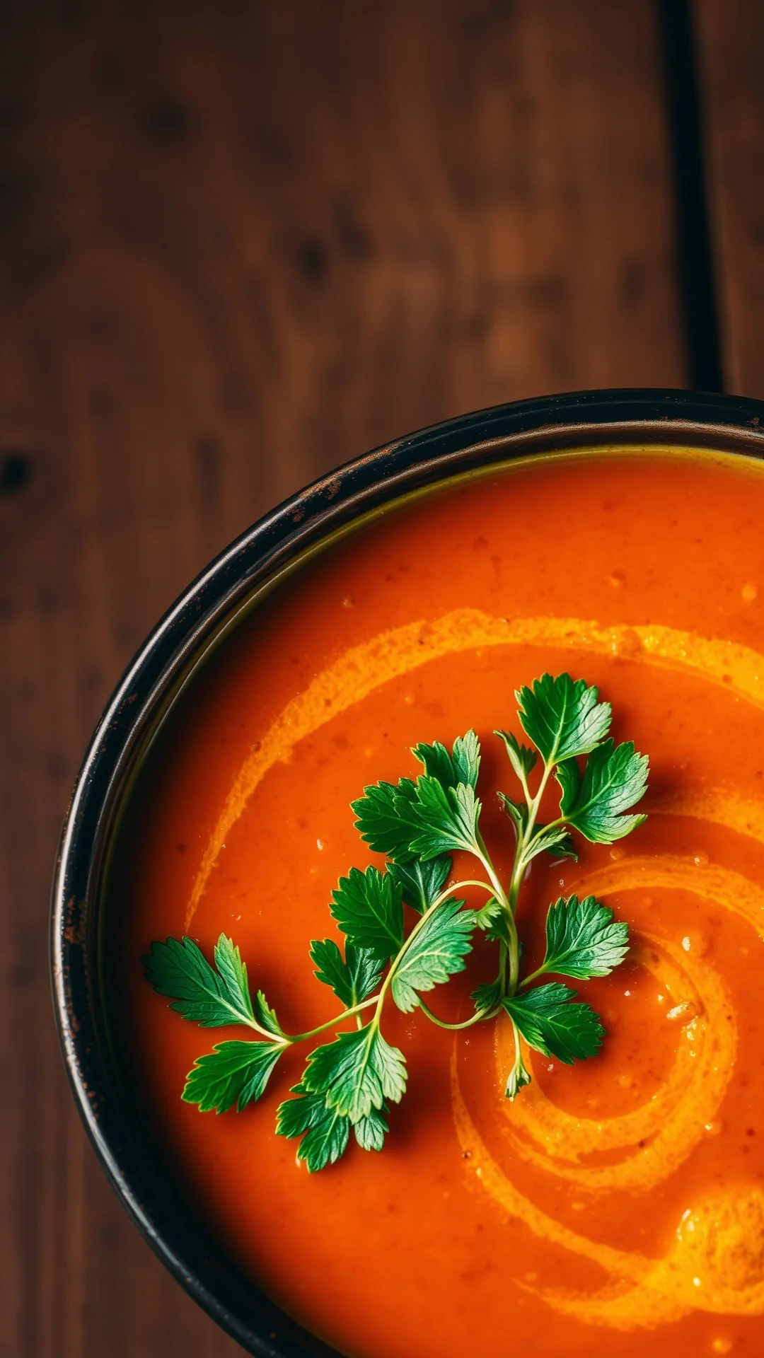Close-up portrait of a vibrant orange red lentil soup bowl with golden turmeric swirls, fresh herbs garnish, rustic wooden ba