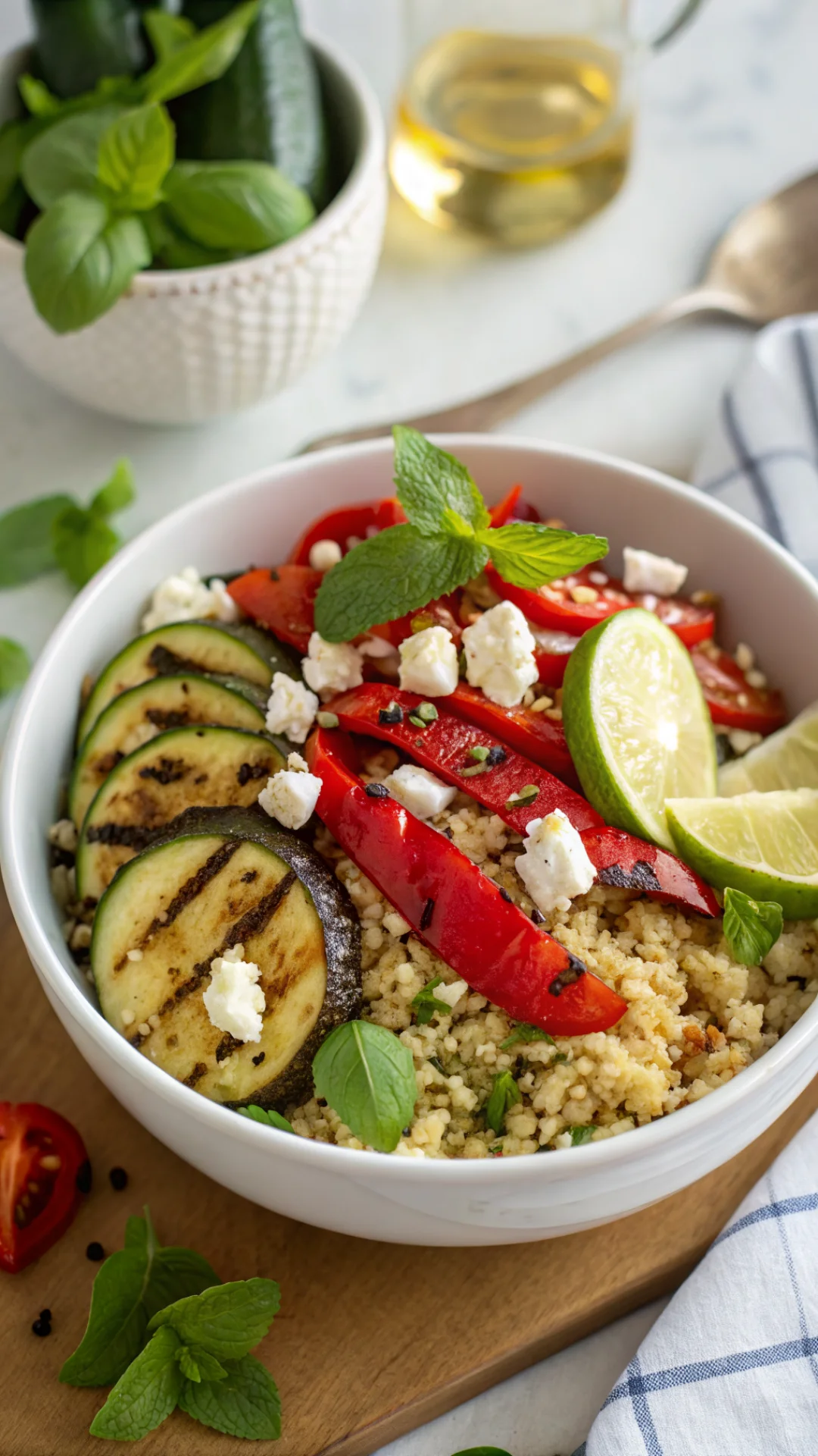 Close-up portrait of a vibrant quinoa salad bowl with grilled zucchini, red peppers, crumbled feta and fresh mint, bright nat