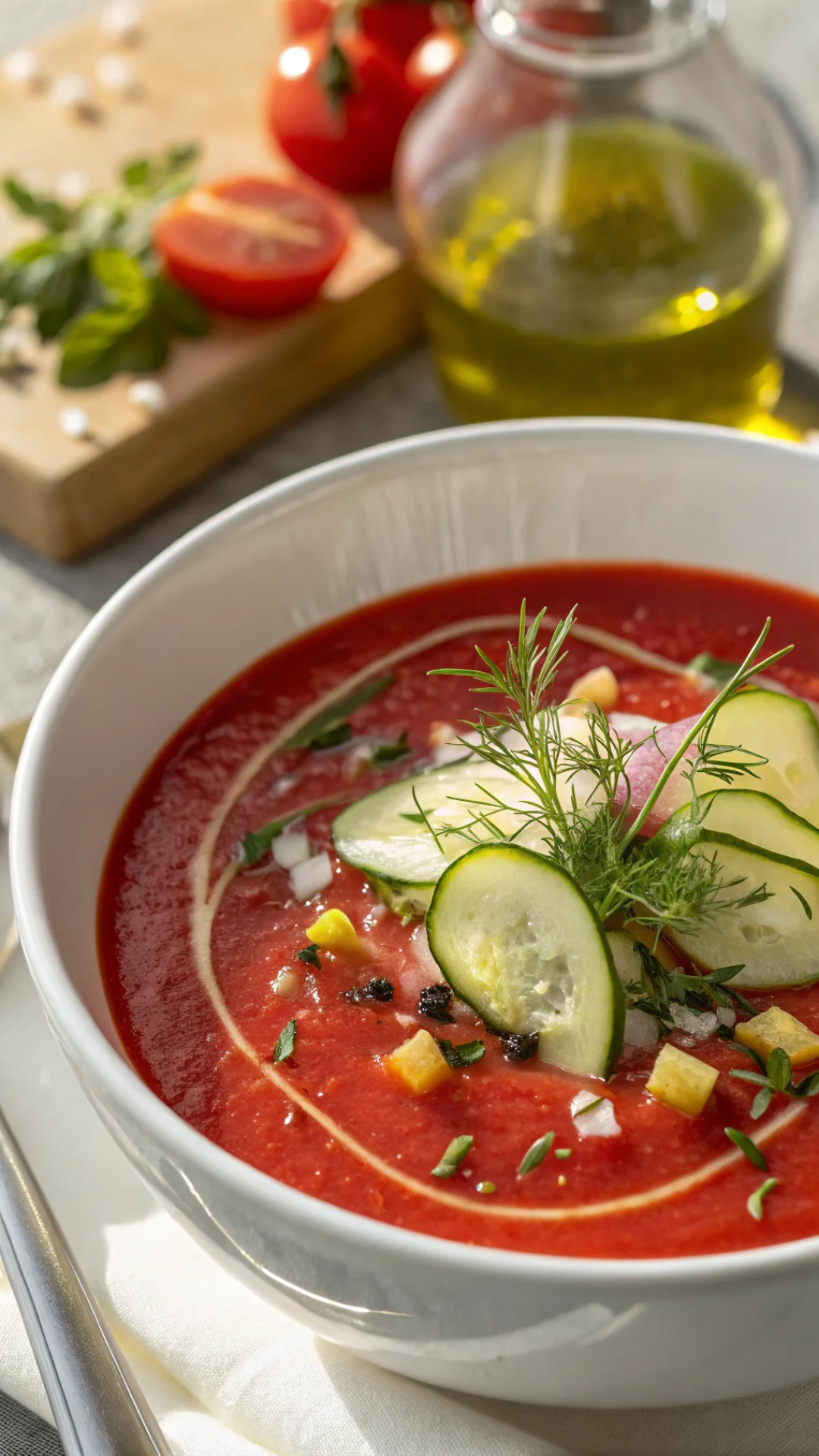 Close-up portrait of a vibrant red gazpacho soup in a white bowl, garnished with cucumber, olive oil drizzle and fresh herbs,