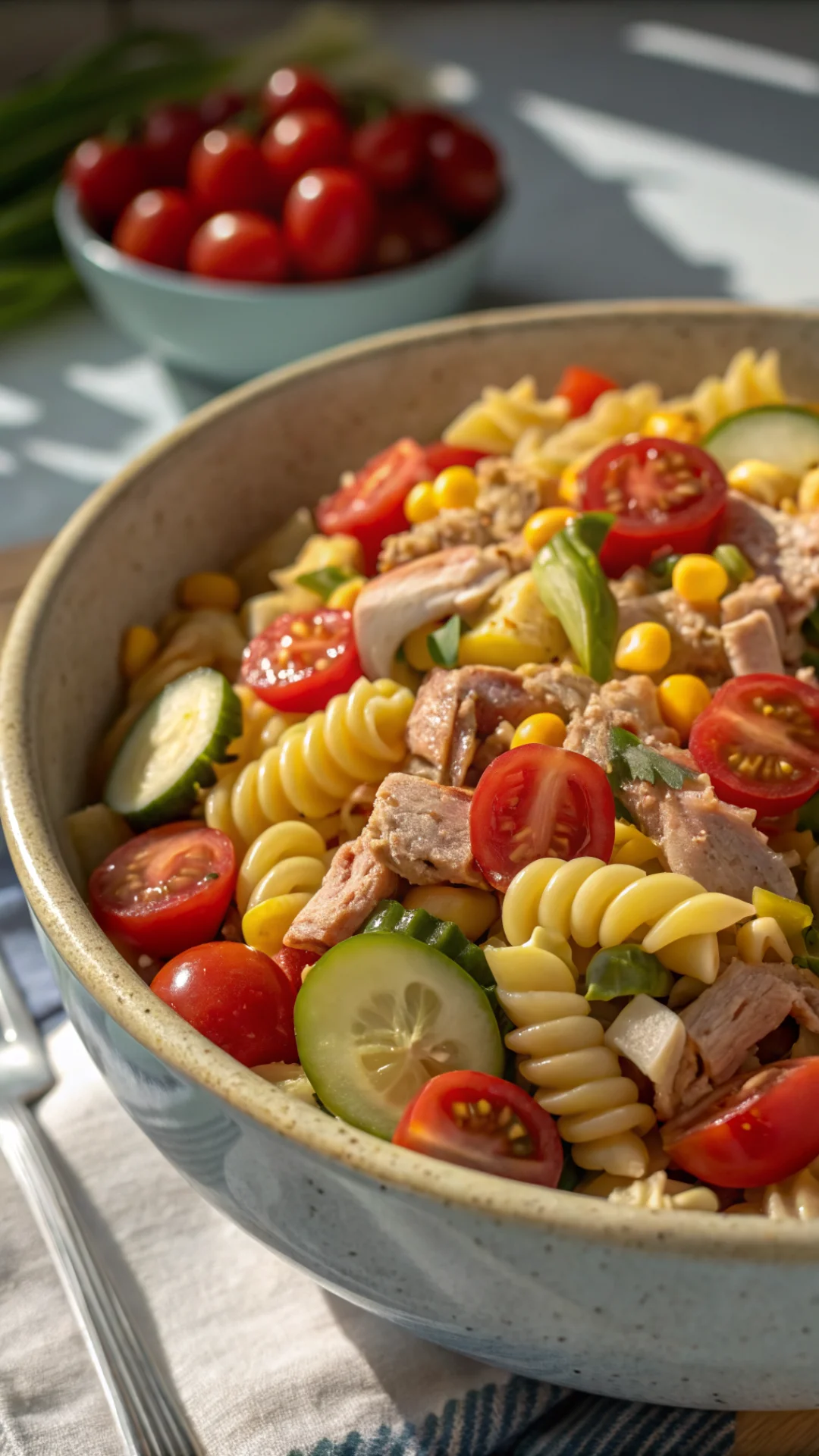 Close-up portrait of a vibrant tricolor pasta salad with tuna, corn, cherry tomatoes and cucumber in a large bowl, fresh summ