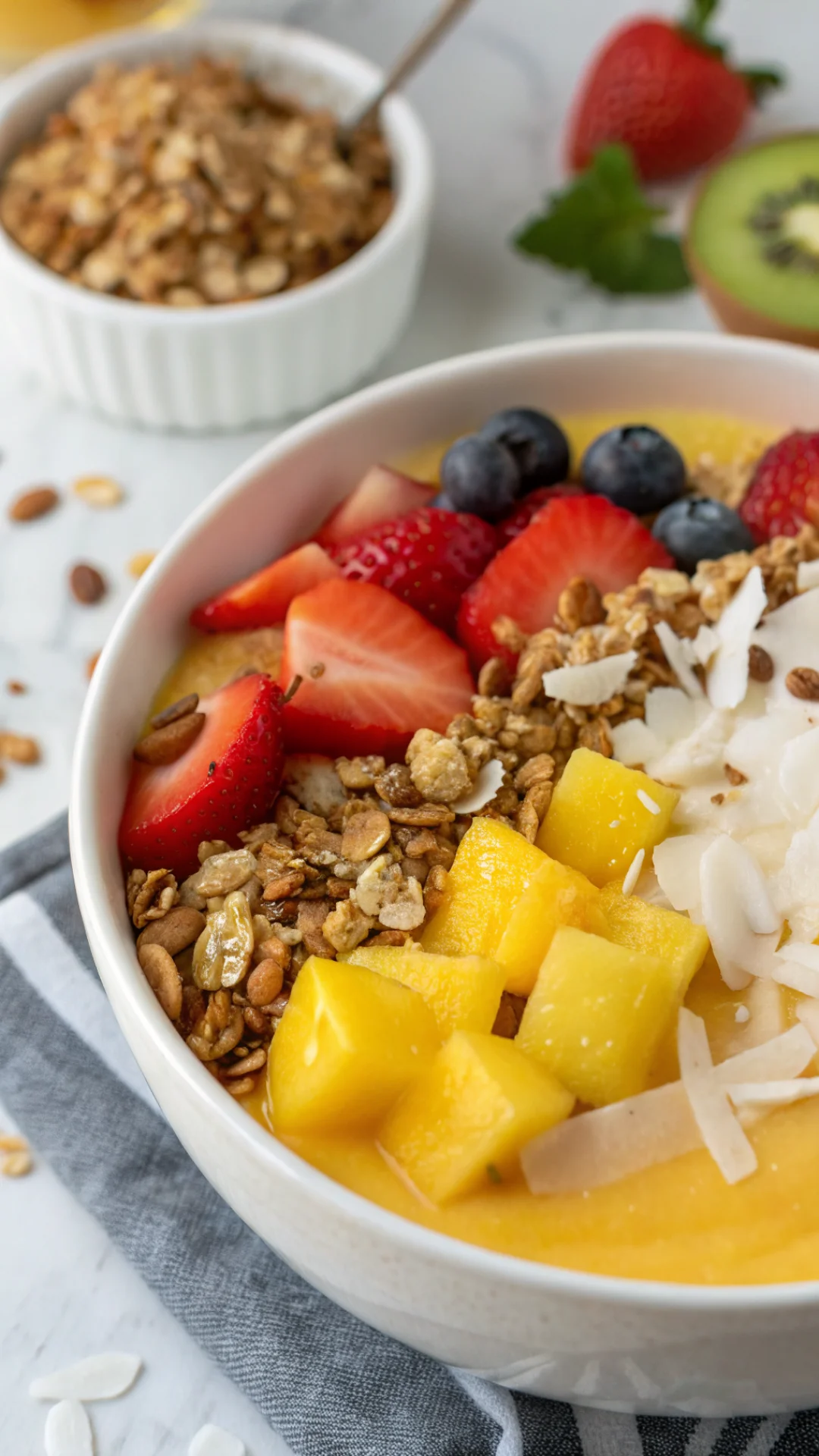 Close-up portrait of a vibrant tropical mango pineapple smoothie bowl topped with granola, fresh fruits and coconut flakes in