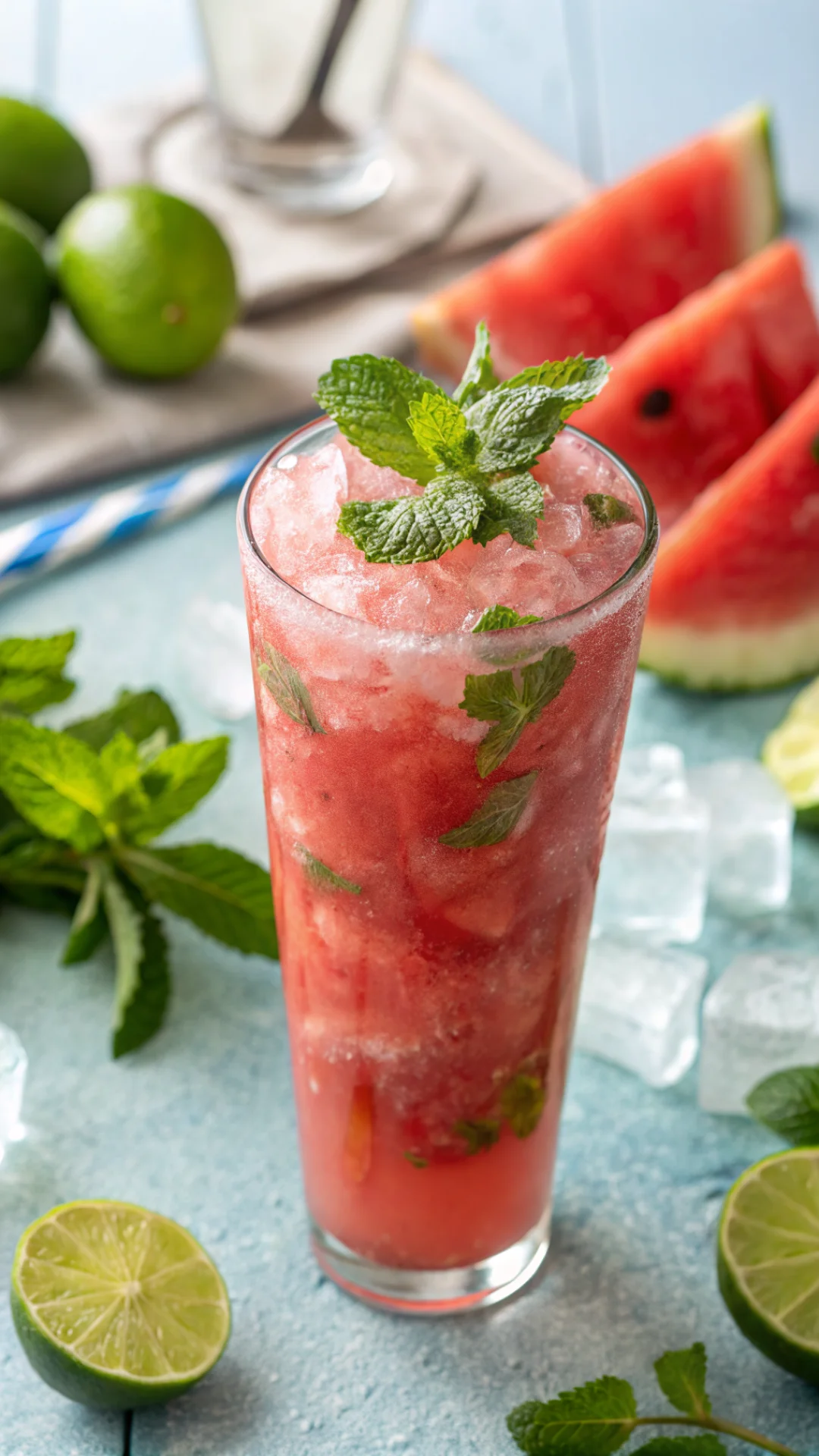 Close-up portrait of a vibrant watermelon mint lime smoothie in a tall glass with ice, fresh mint leaves garnish, bright summ