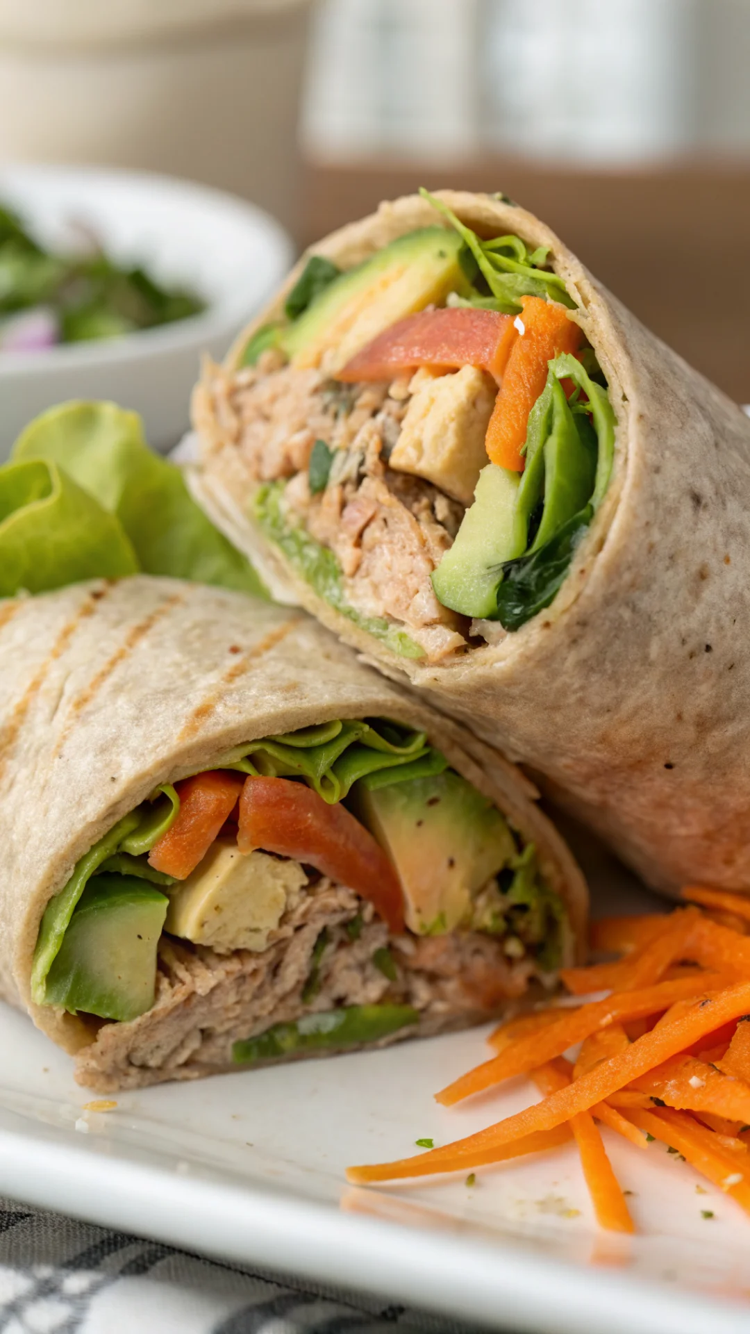 Close-up portrait of a whole wheat tuna wrap cut in half showing colorful layers of avocado, grated carrots and lettuce, fres
