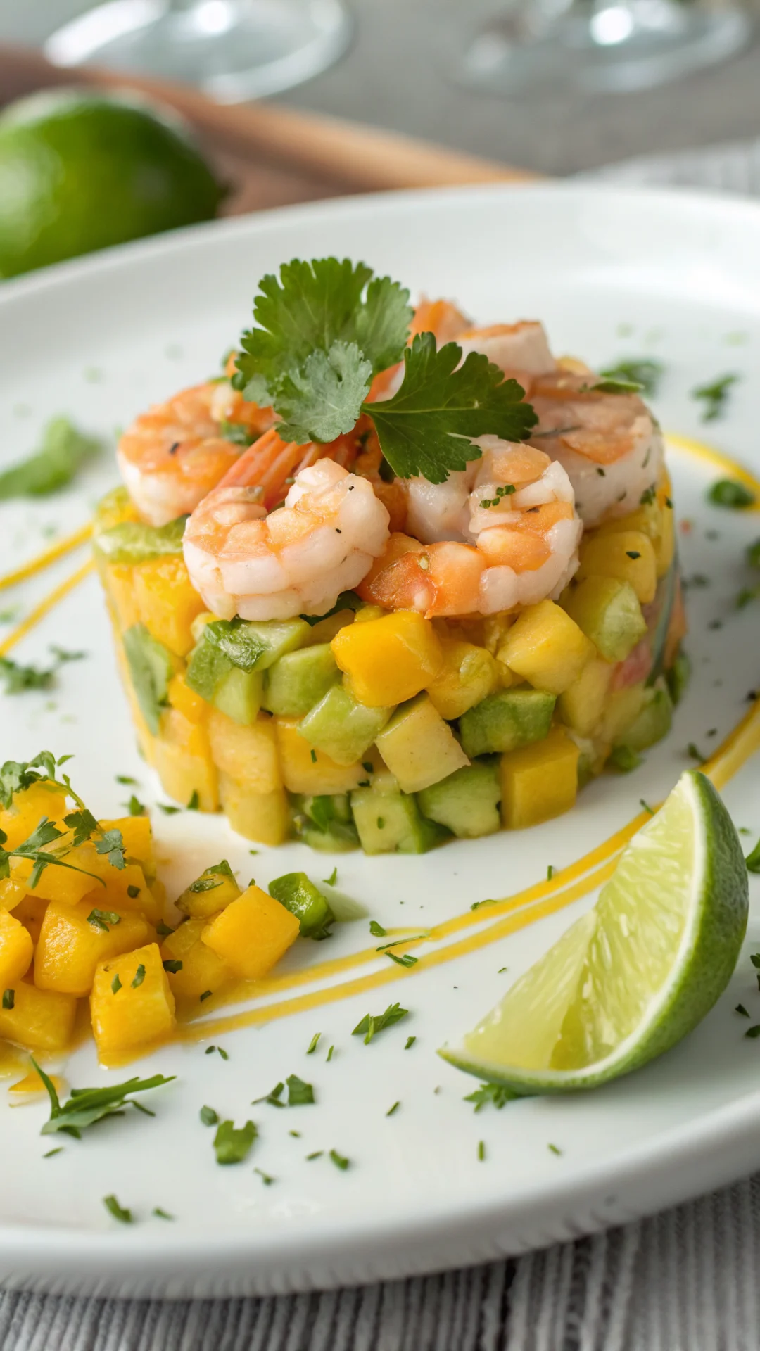 Close-up portrait of an elegant mango and shrimp tartare with fresh coriander and lime on a white plate, fine dining presenta