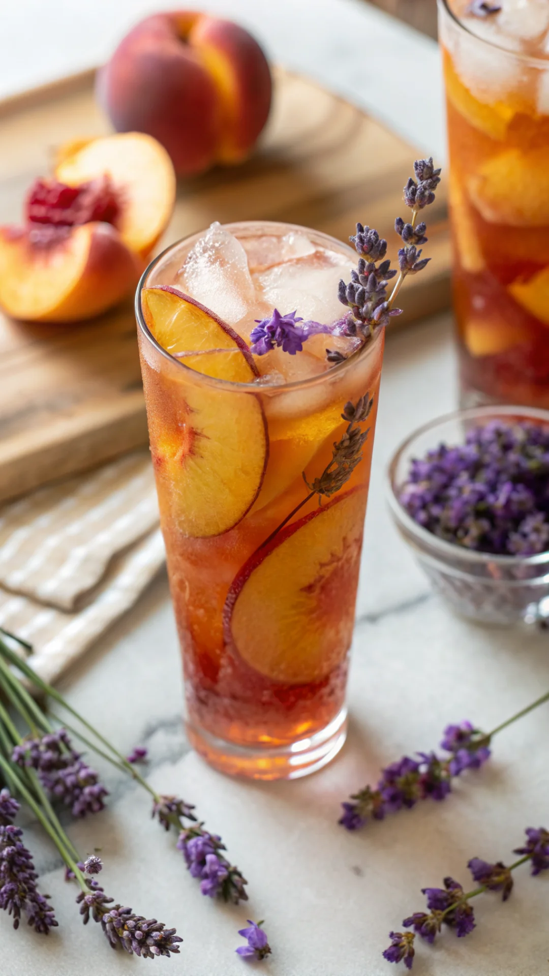 Close-up portrait of an elegant peach lavender iced tea in a tall glass with ice and peach slices, purple lavender flowers, s
