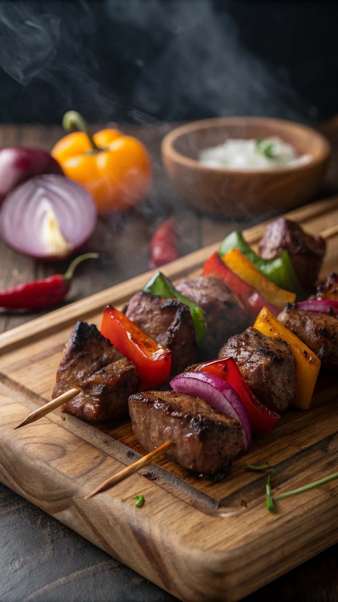 Close-up portrait of beef and vegetable skewers on wooden board, colorful bell peppers red onions, charred grill marks, smoky