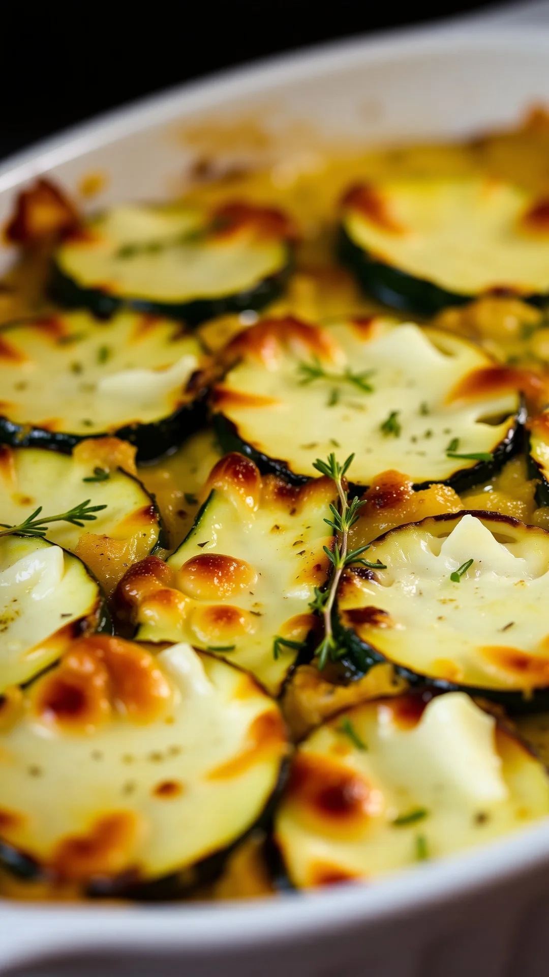 Close-up portrait of bubbling golden zucchini gratin with creamy goat cheese slices, gruyere crust, fresh thyme, white cerami