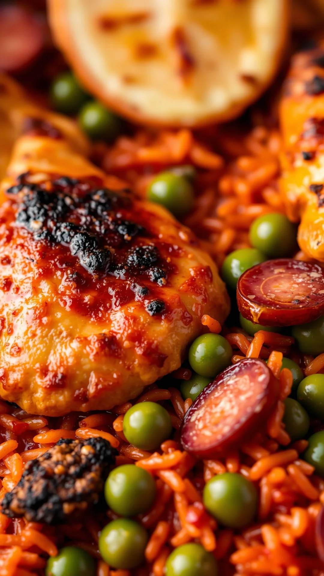 Close-up portrait of chicken and chorizo paella with crispy socarrat crust, vibrant red paprika rice, green peas, sliced chor