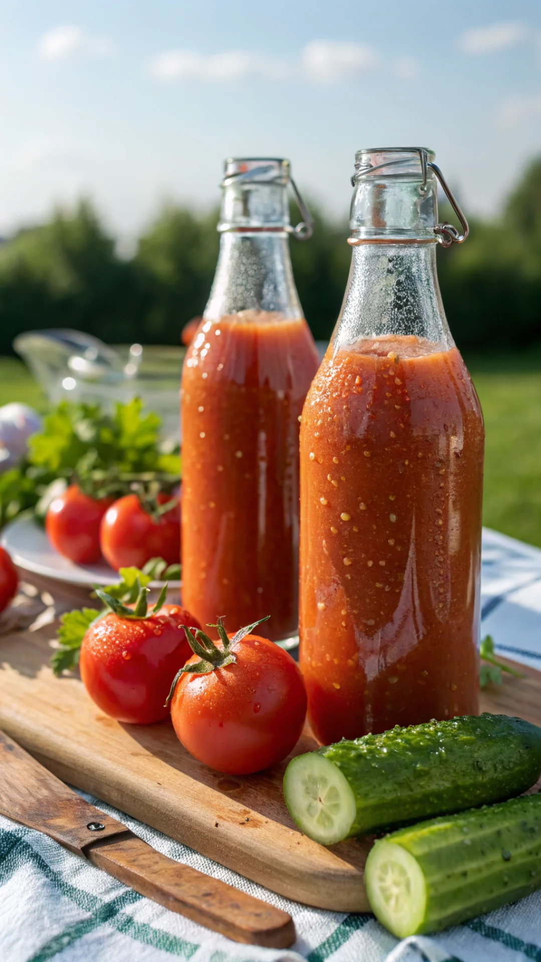 Close-up portrait of chilled gazpacho andalou in glass bottles with fresh tomatoes and cucumber beside, condensation drops, b