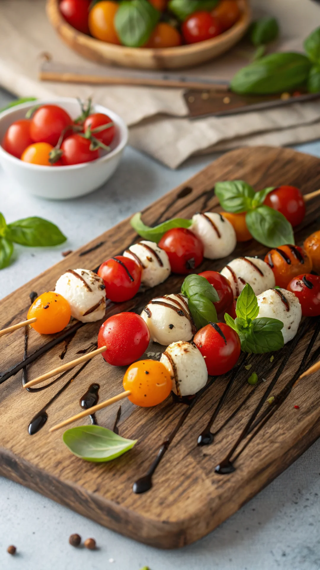 Close-up portrait of colorful caprese skewers with cherry tomatoes, fresh mozzarella and basil, drizzled with balsamic glaze