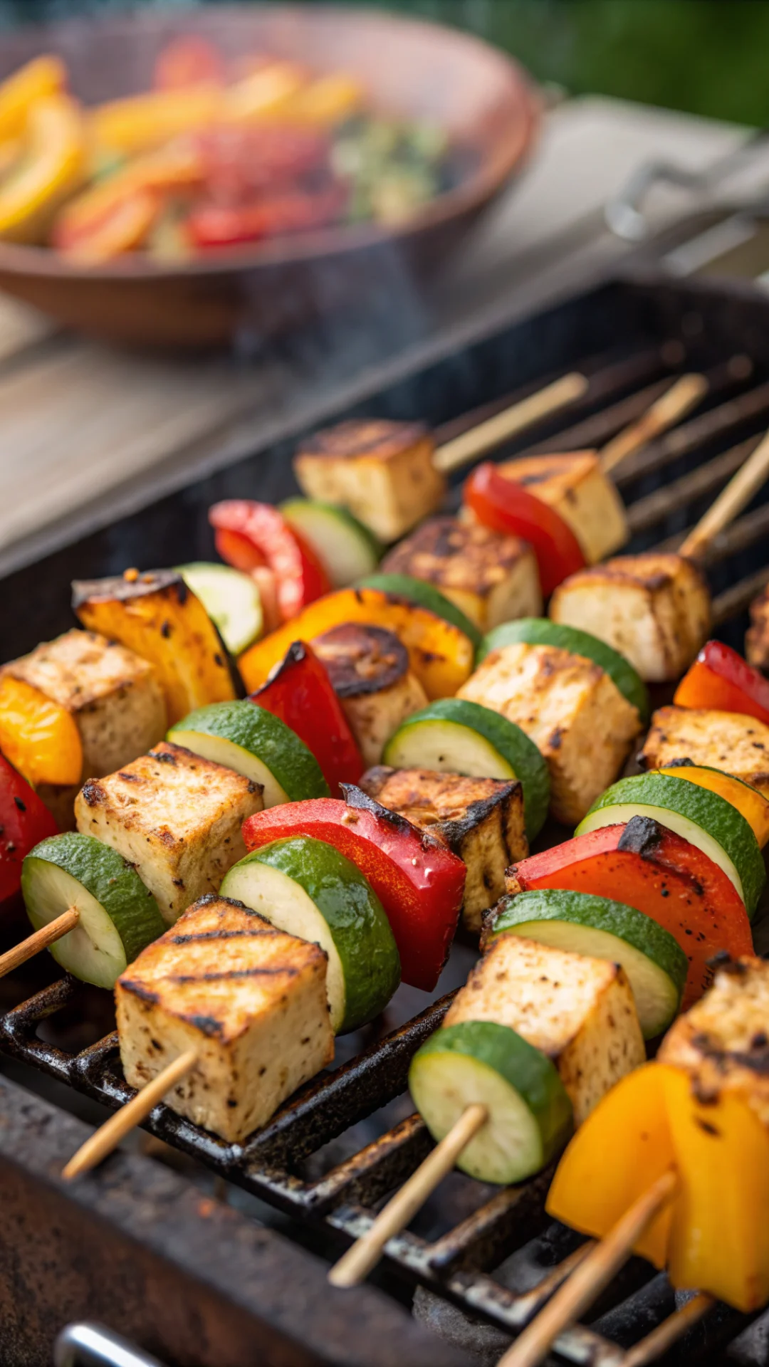 Close-up portrait of colorful grilled vegetable and tofu skewers on barbecue with smoky char marks, vibrant peppers and zucch