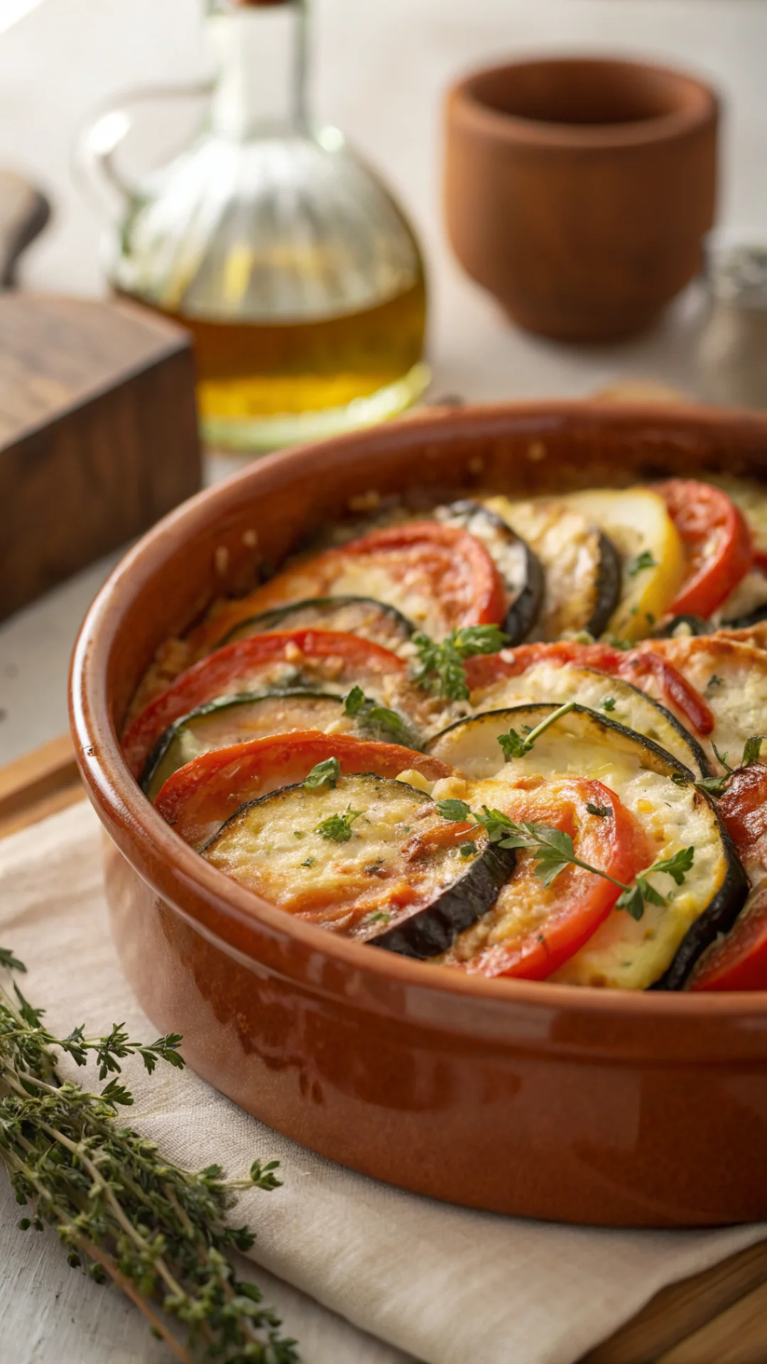 Close-up portrait of colorful Provençal tian gratin in terracotta dish, layers of zucchini tomato eggplant, golden cheese cr