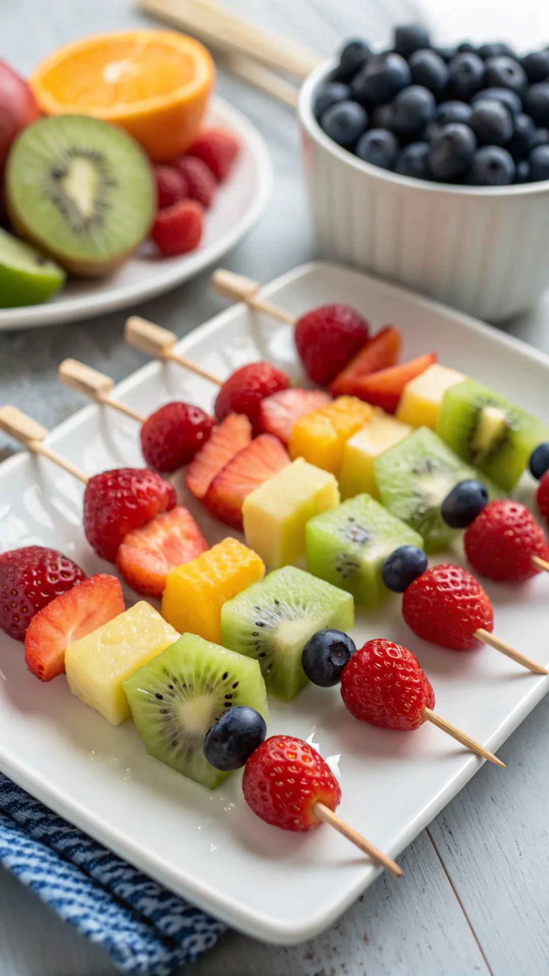 Close-up portrait of colorful rainbow fruit skewers with strawberries, melon, kiwi, blueberries and grapes on a white plate,