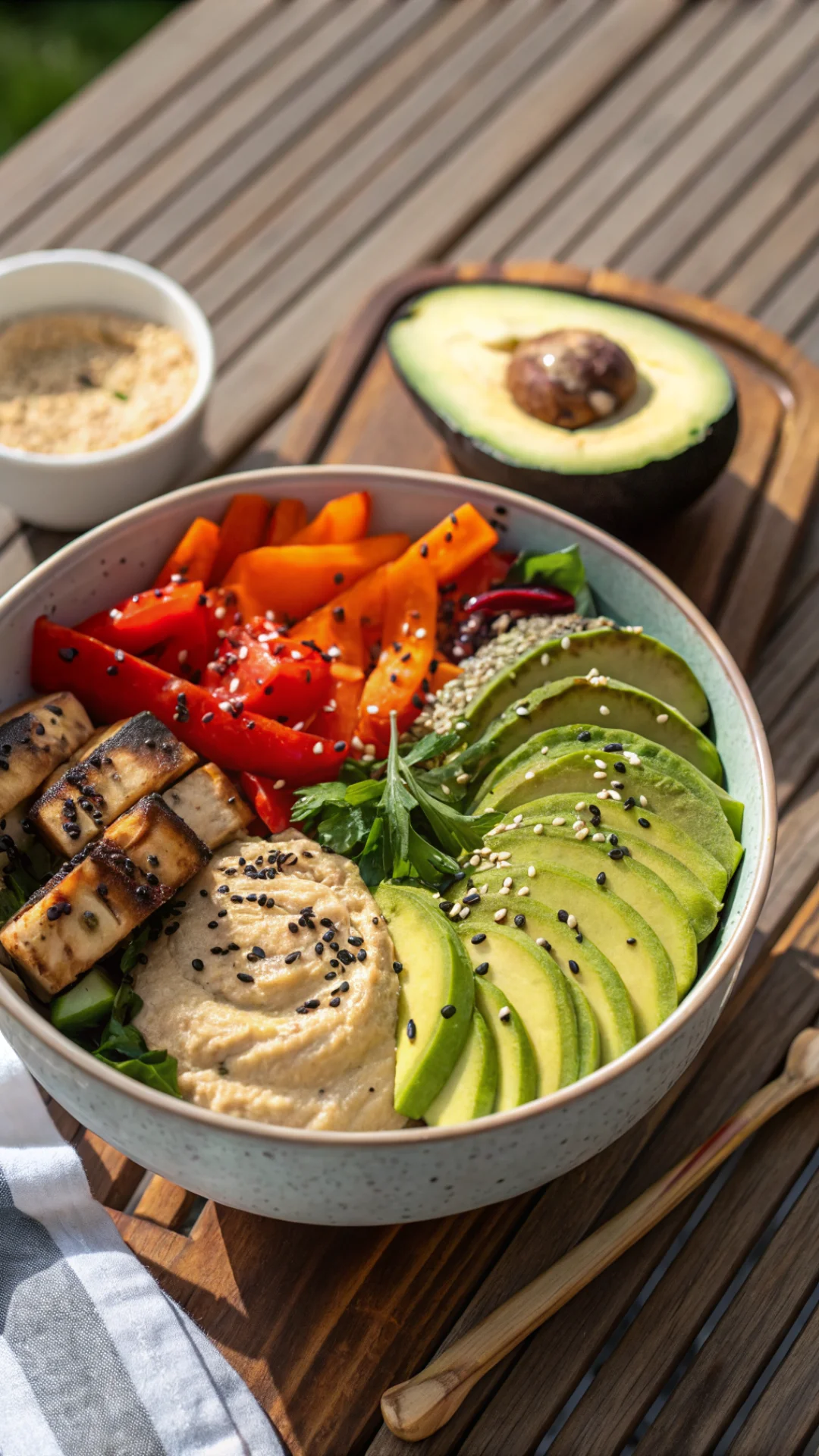 Close-up portrait of colorful vegan buddha bowl with grilled vegetables, hummus, avocado and sesame seeds on wooden table, br