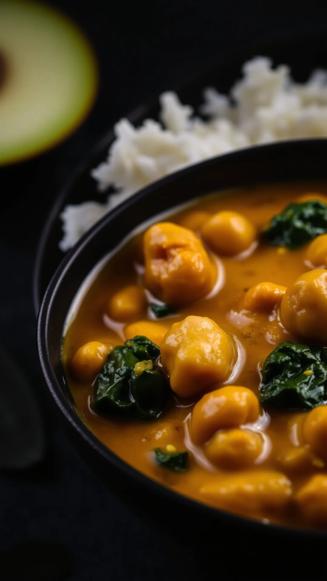 Close-up portrait of creamy chickpea coconut curry in a dark bowl, fresh spinach leaves, golden sauce, served with basmati ri