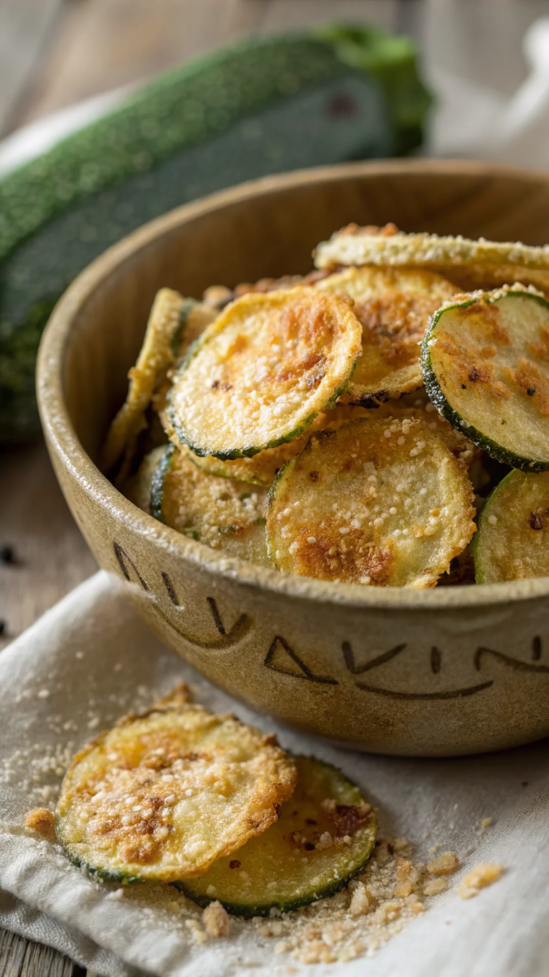 Close-up portrait of crispy golden zucchini chips with parmesan crust piled in a rustic bowl, overhead natural light, delicio