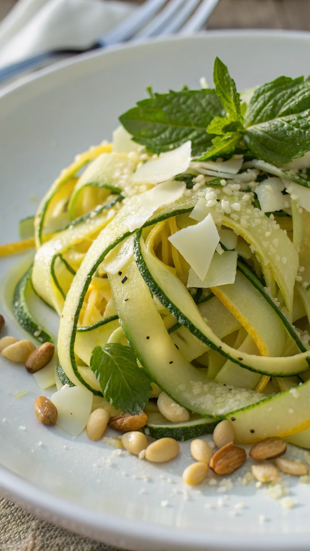 Close-up portrait of delicate raw zucchini ribbons in yellow and green with parmesan shavings, pine nuts and fresh mint leave