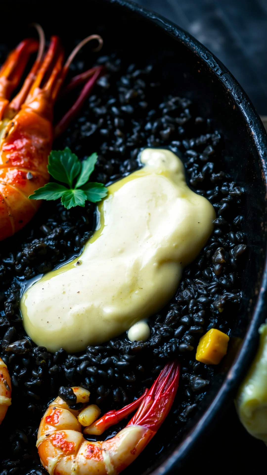 Close-up portrait of dramatic black squid ink paella with cuttlefish, prawns, dark dramatic rice, rustic pan, aioli sauce on