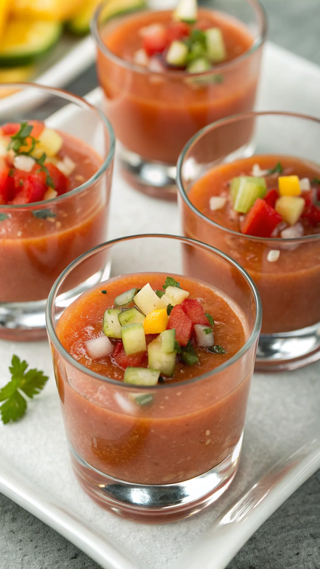 Close-up portrait of elegant gazpacho served in small glass verrines with colorful vegetable brunoise garnish, condensation o