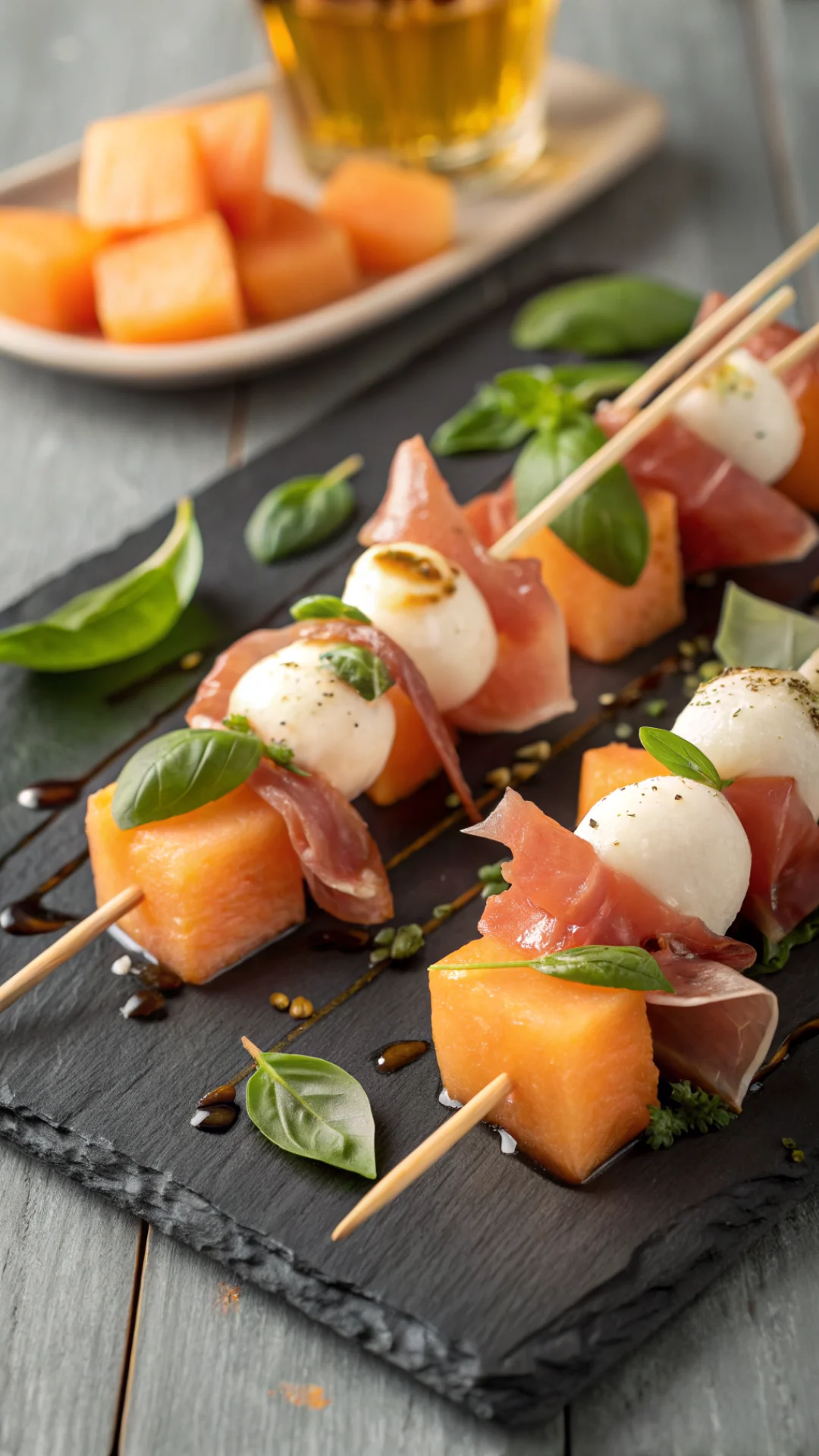 Close-up portrait of elegant skewers with cantaloupe melon, serrano ham, mini mozzarella and basil on a slate board, honey dr