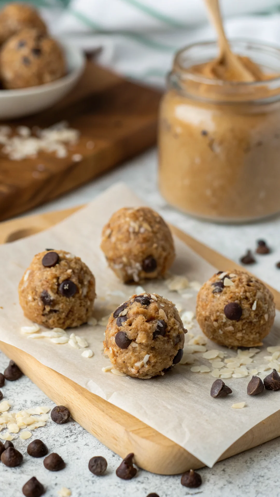 Close-up portrait of energy balls rolled in coconut with chocolate chips on parchment paper, peanut butter jar background, wa