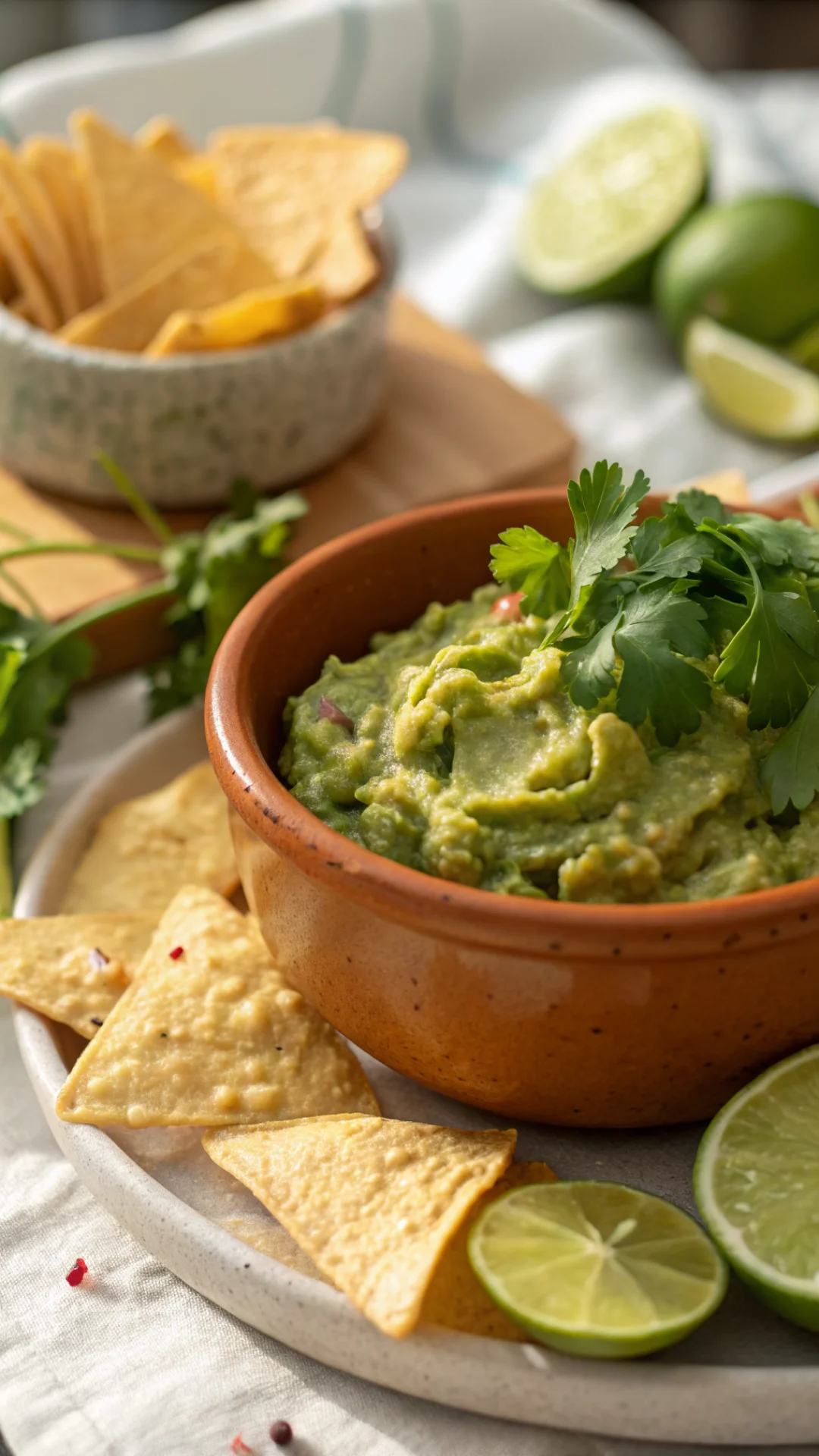 Close-up portrait of fresh homemade guacamole in a terracotta bowl with tortilla chips, lime wedges and cilantro garnish, bri