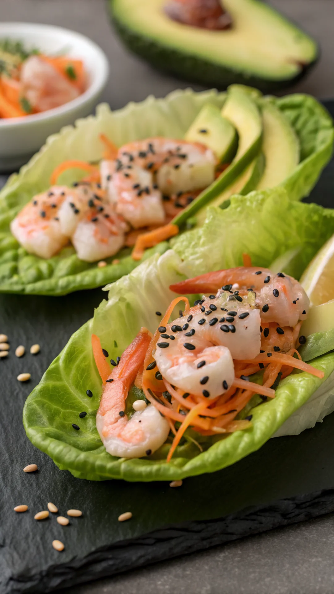 Close-up portrait of fresh lettuce wraps filled with pink shrimp, creamy avocado slices and shredded carrots topped with sesa