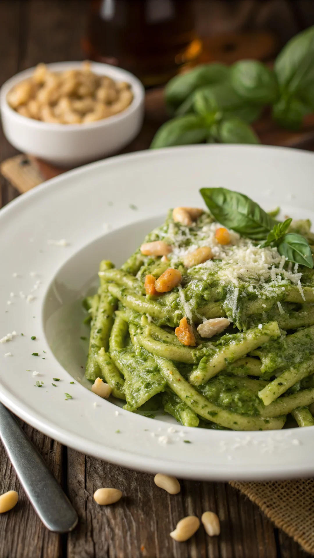 Close-up portrait of fresh pasta trofie coated in vibrant green basil pesto with pine nuts and parmesan, rustic wooden table,