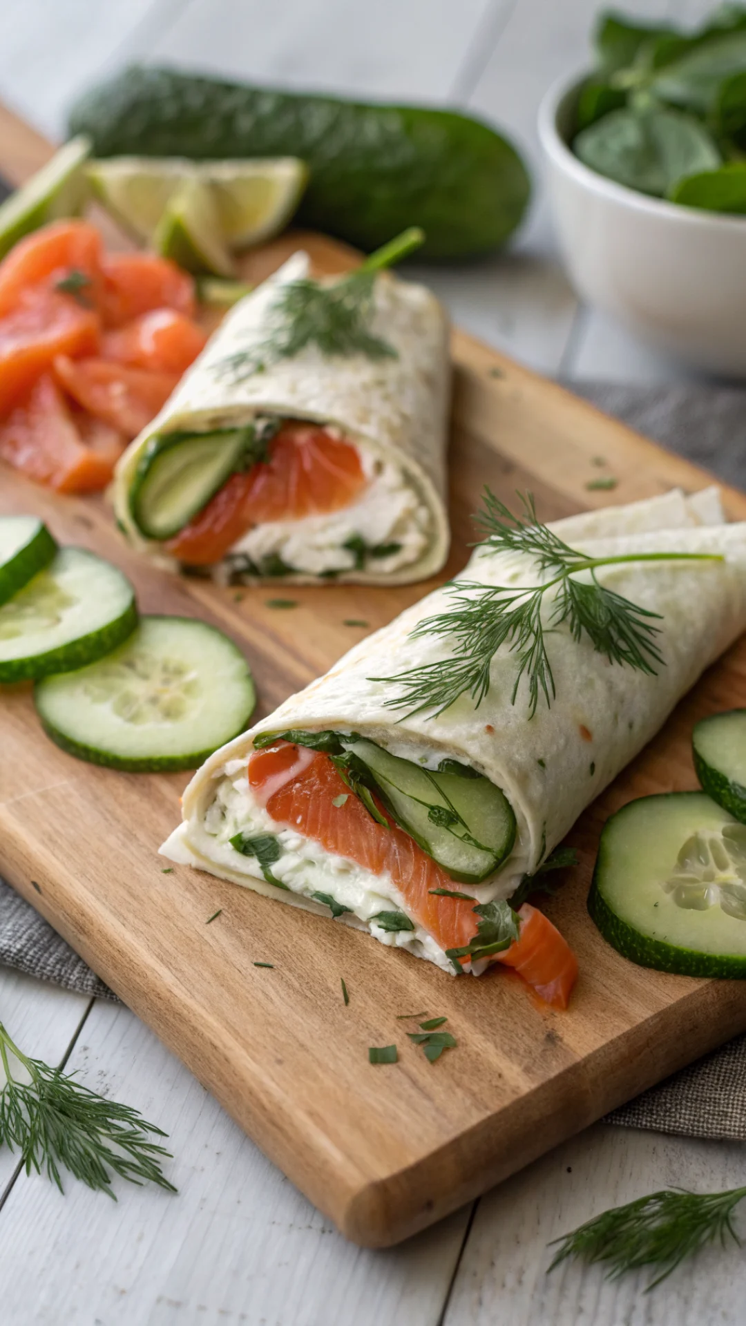 Close-up portrait of fresh salmon and cream cheese wraps sliced diagonally on a wooden board, cucumber, spinach, dill garnish