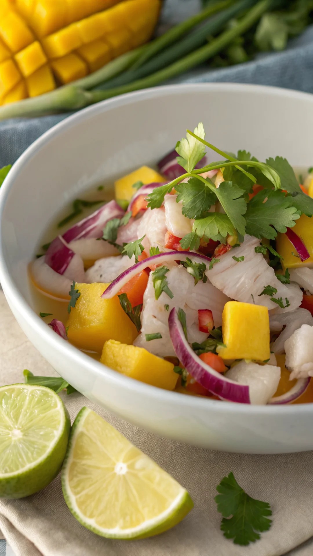 Close-up portrait of fresh sea bream ceviche with mango chunks, red onion slices, vibrant coriander leaves and lime wedges in